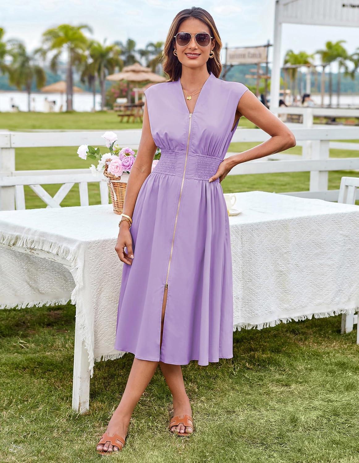 imageGRACE KARIN Womens Summer Casual Dress Business Office Work Dresses Cap Sleeve Zipper Front Flowy Midi Dress with PocketsLavender Purple