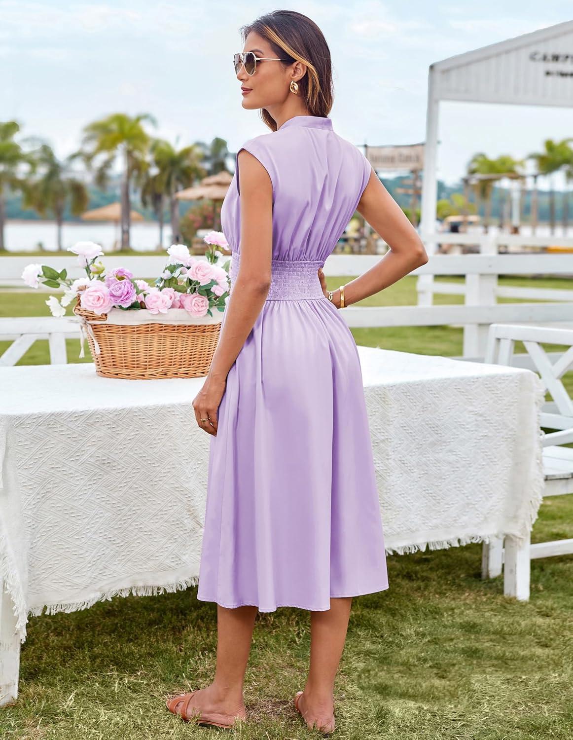 imageGRACE KARIN Womens Summer Casual Dress Business Office Work Dresses Cap Sleeve Zipper Front Flowy Midi Dress with PocketsLavender Purple