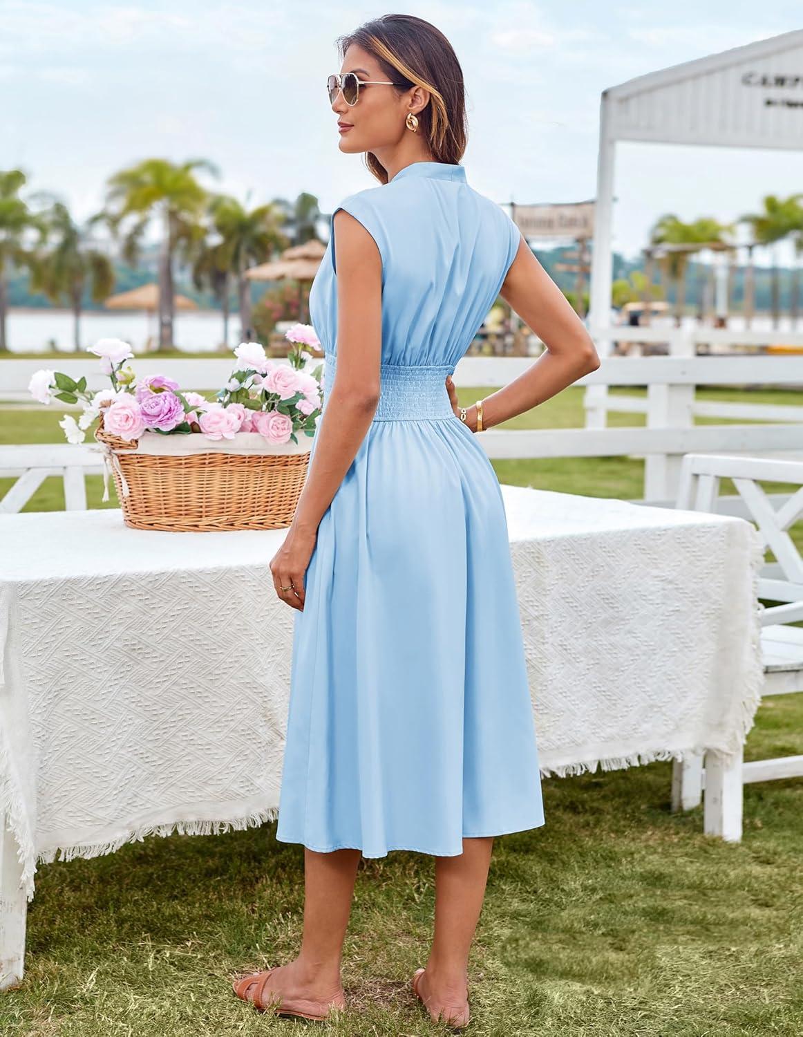 imageGRACE KARIN Womens Summer Casual Dress Business Office Work Dresses Cap Sleeve Zipper Front Flowy Midi Dress with PocketsLight Blue