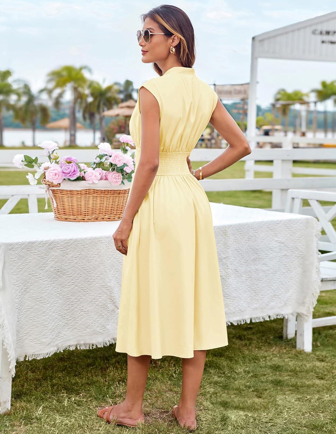 imageGRACE KARIN Womens Summer Casual Dress Business Office Work Dresses Cap Sleeve Zipper Front Flowy Midi Dress with PocketsLight Yellow