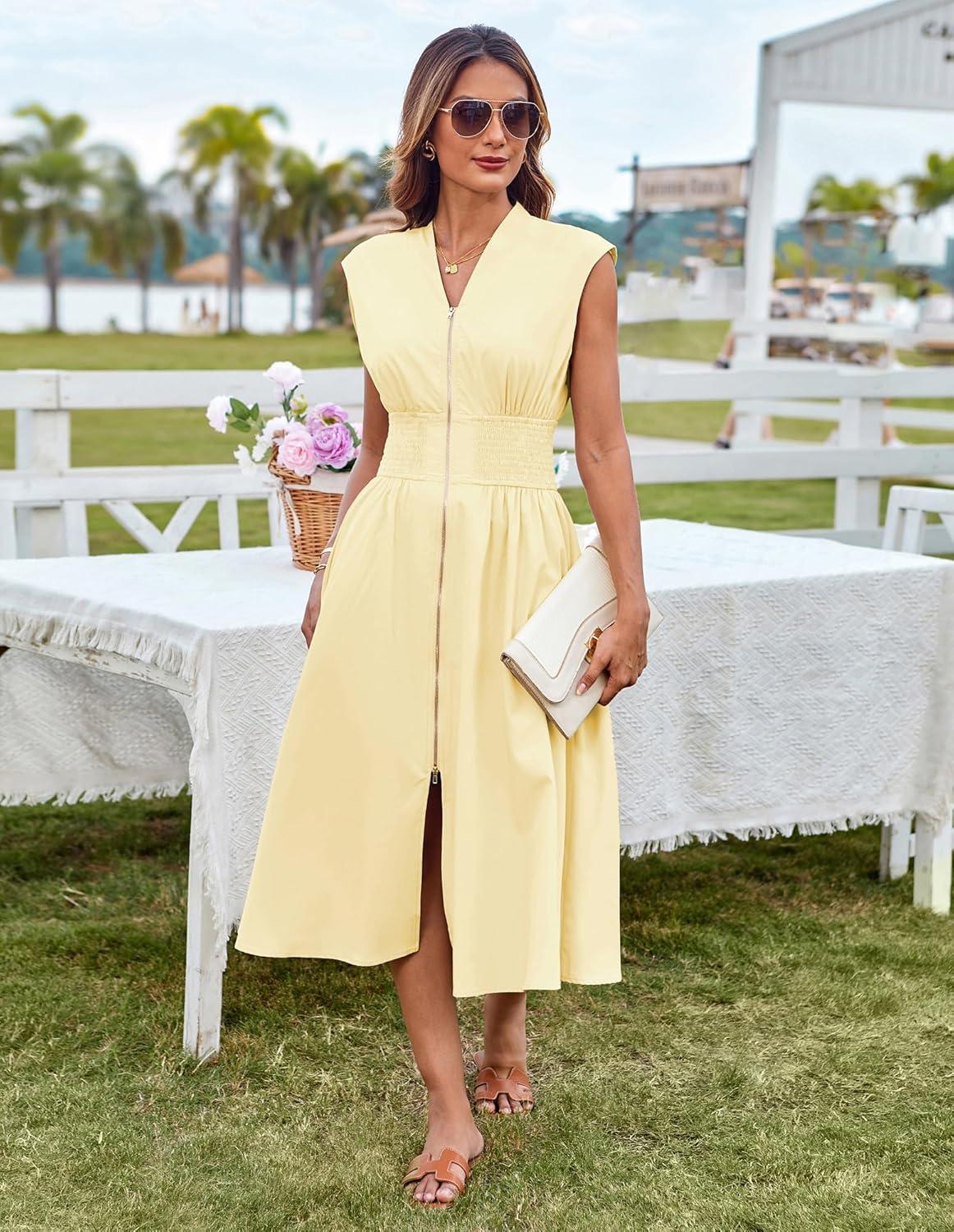 imageGRACE KARIN Womens Summer Casual Dress Business Office Work Dresses Cap Sleeve Zipper Front Flowy Midi Dress with PocketsLight Yellow