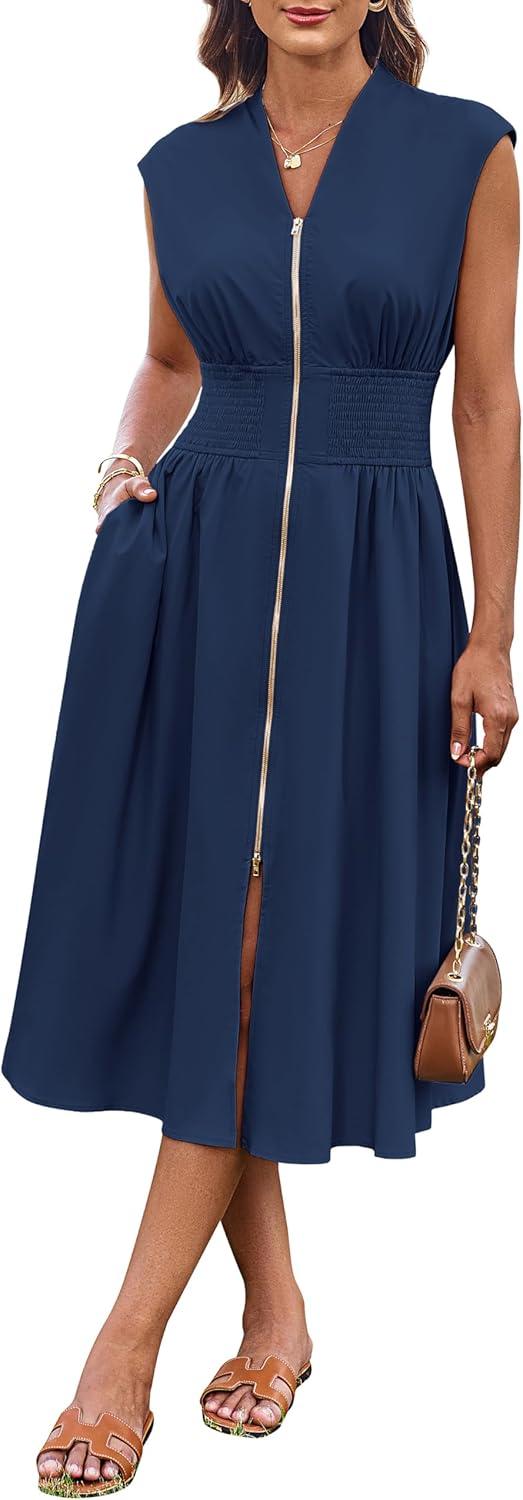 imageGRACE KARIN Womens Summer Casual Dress Business Office Work Dresses Cap Sleeve Zipper Front Flowy Midi Dress with PocketsNavy Blue