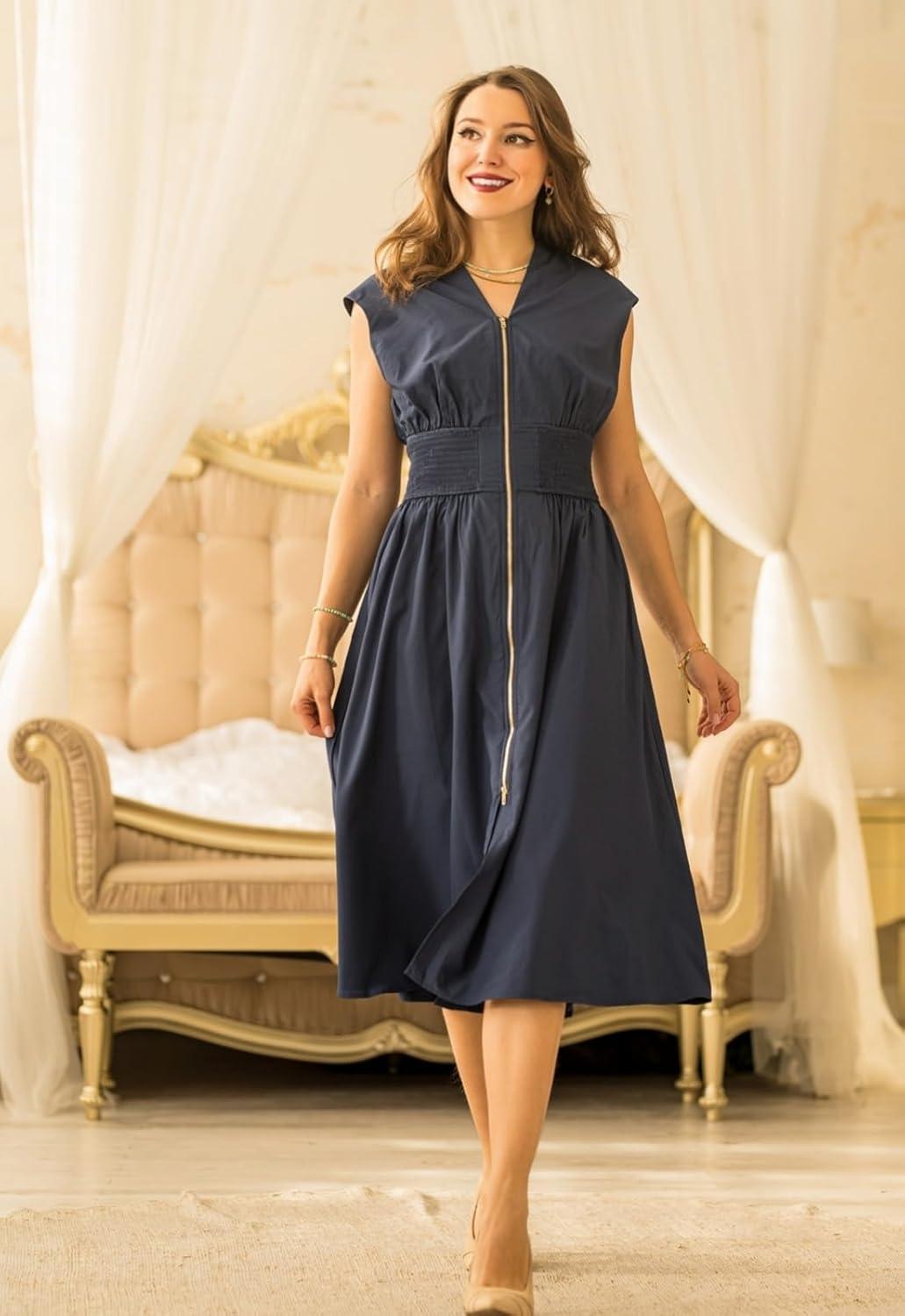 imageGRACE KARIN Womens Summer Casual Dress Business Office Work Dresses Cap Sleeve Zipper Front Flowy Midi Dress with PocketsNavy Blue
