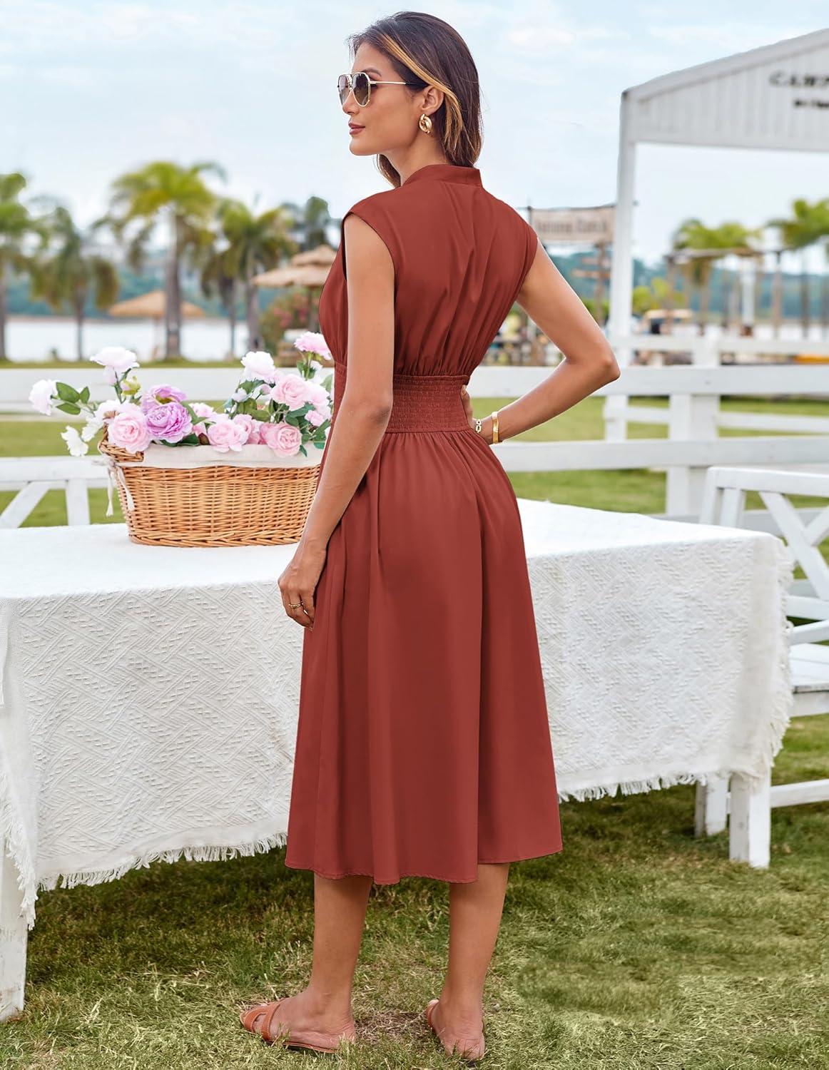 imageGRACE KARIN Womens Summer Casual Dress Business Office Work Dresses Cap Sleeve Zipper Front Flowy Midi Dress with PocketsRust Red