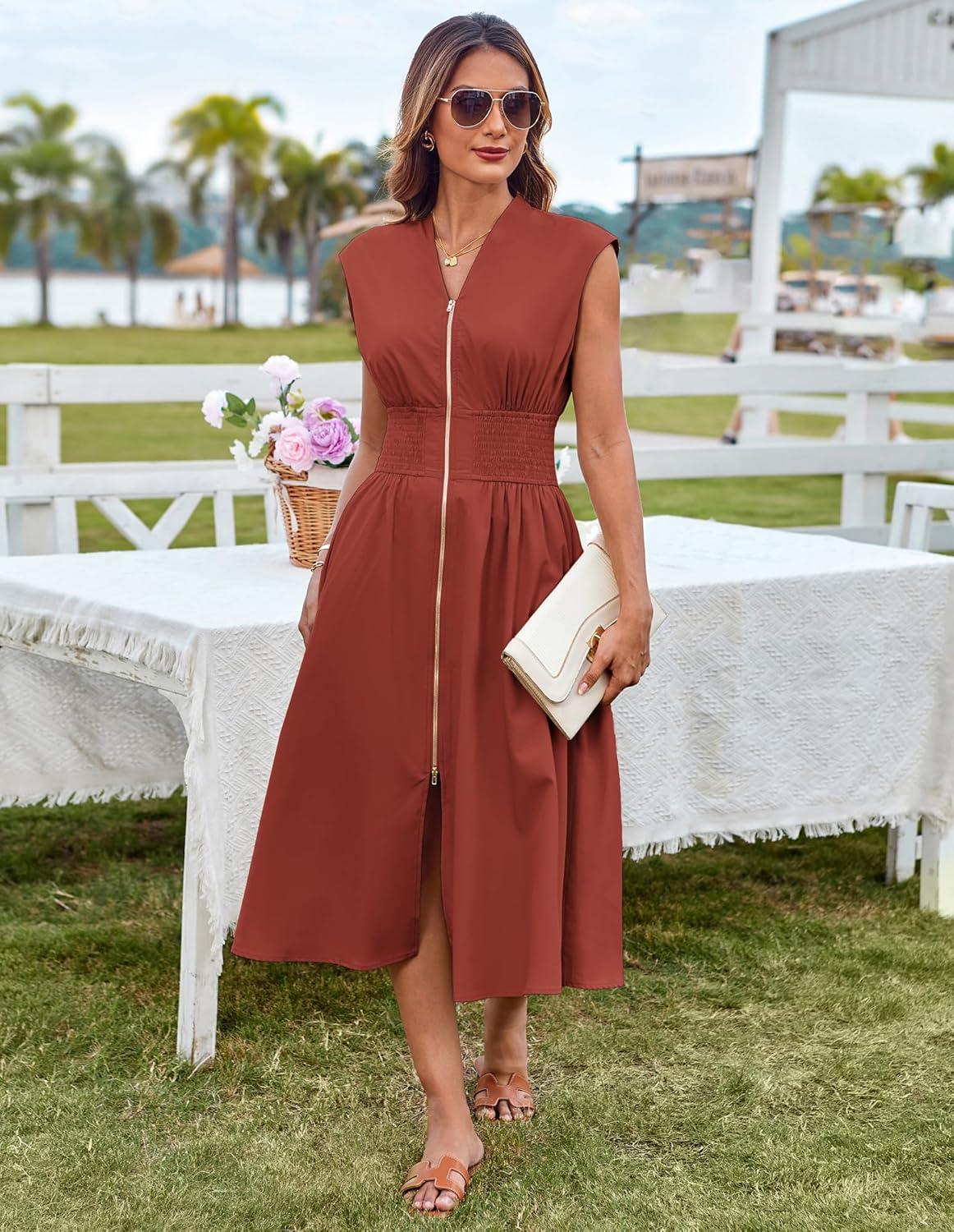 imageGRACE KARIN Womens Summer Casual Dress Business Office Work Dresses Cap Sleeve Zipper Front Flowy Midi Dress with PocketsRust Red