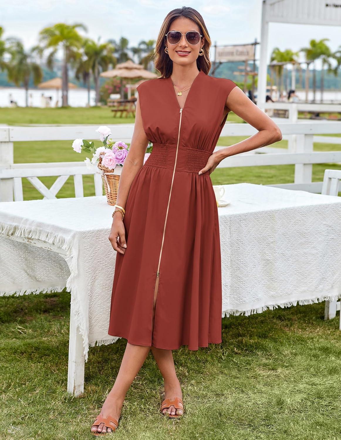 imageGRACE KARIN Womens Summer Casual Dress Business Office Work Dresses Cap Sleeve Zipper Front Flowy Midi Dress with PocketsRust Red