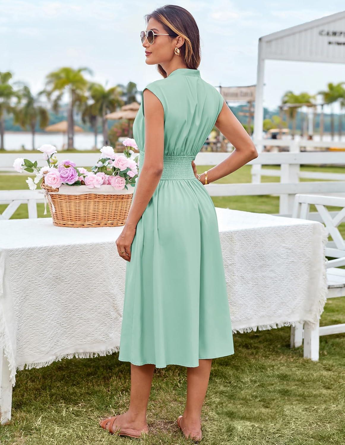 imageGRACE KARIN Womens Summer Casual Dress Business Office Work Dresses Cap Sleeve Zipper Front Flowy Midi Dress with PocketsSage Green