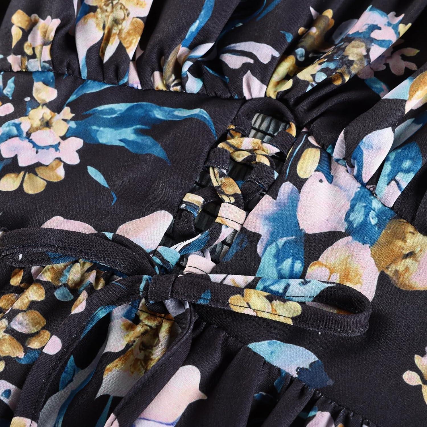 imageGRACE KARIN Womens Summer Floral Dress 2026 Boho Spaghetti Strap Smocked Tiered Casual Maxi Long Sundress with PocketsBlack Yellow Floral