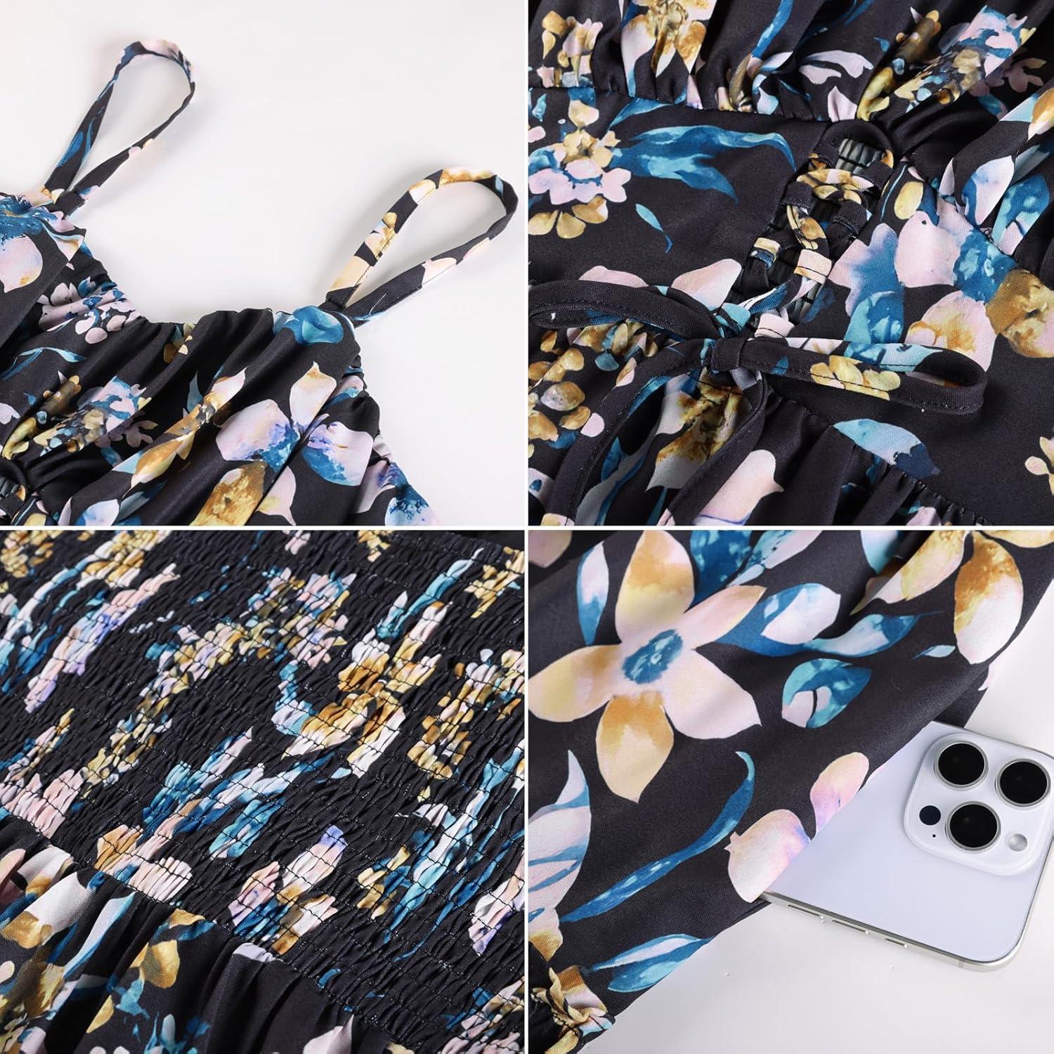 imageGRACE KARIN Womens Summer Floral Dress 2026 Boho Spaghetti Strap Smocked Tiered Casual Maxi Long Sundress with PocketsBlack Yellow Floral