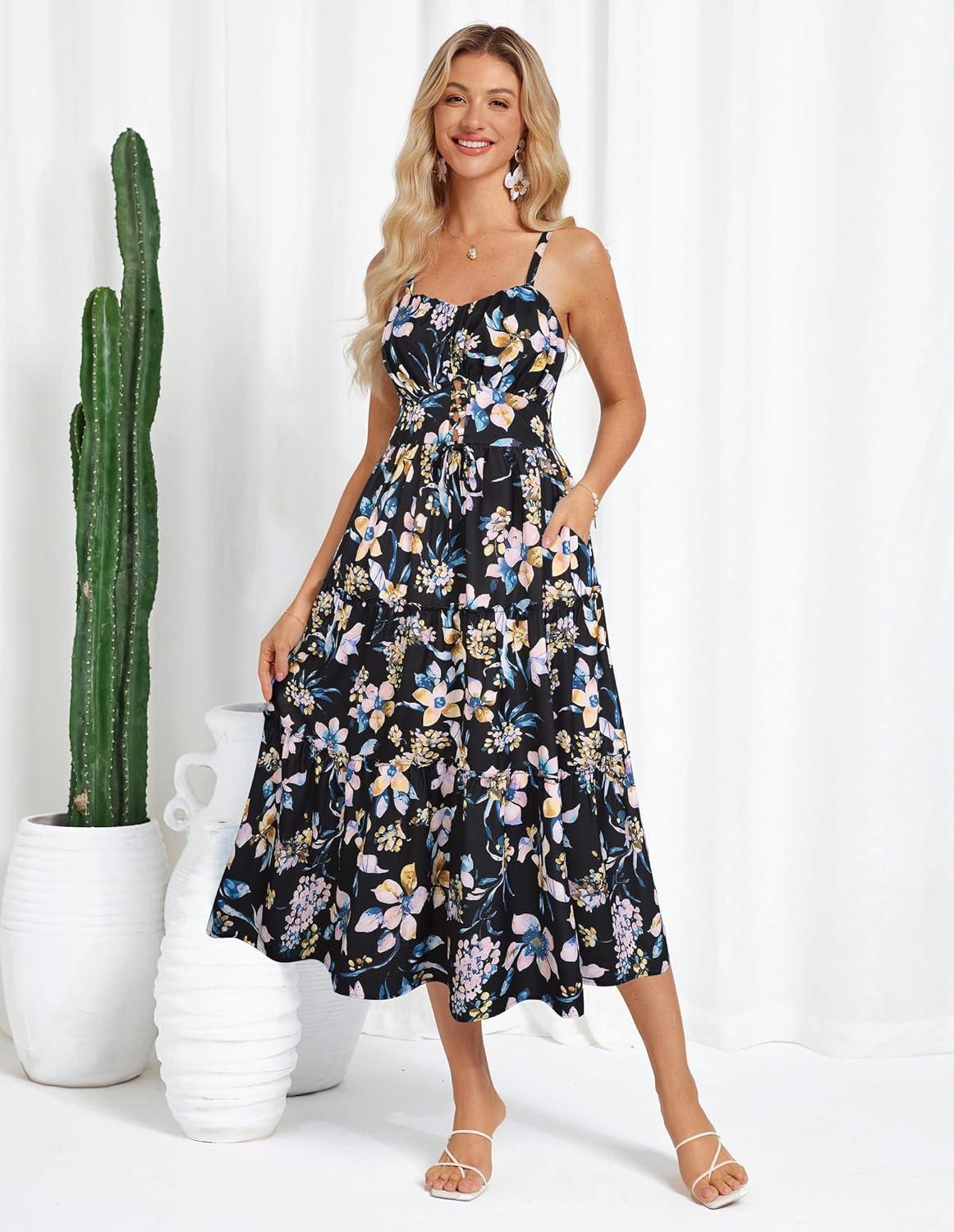 imageGRACE KARIN Womens Summer Floral Dress 2026 Boho Spaghetti Strap Smocked Tiered Casual Maxi Long Sundress with PocketsBlack Yellow Floral