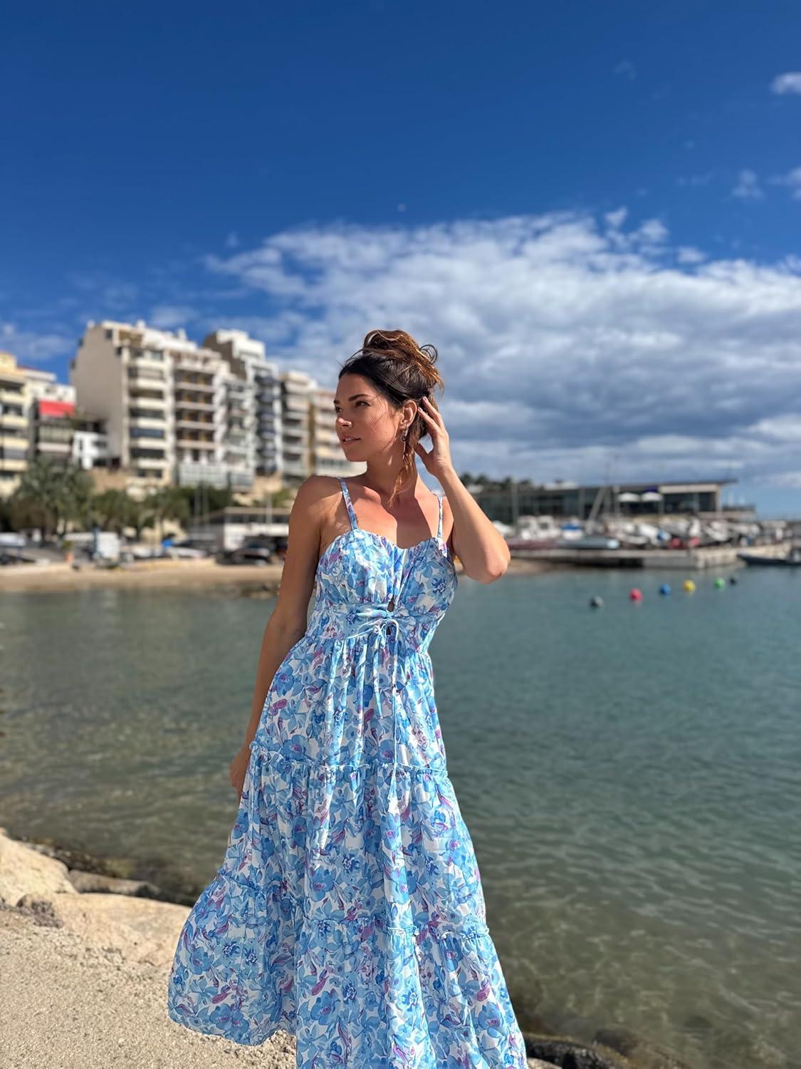 imageGRACE KARIN Womens Summer Floral Dress 2026 Boho Spaghetti Strap Smocked Tiered Casual Maxi Long Sundress with PocketsBlue Floral