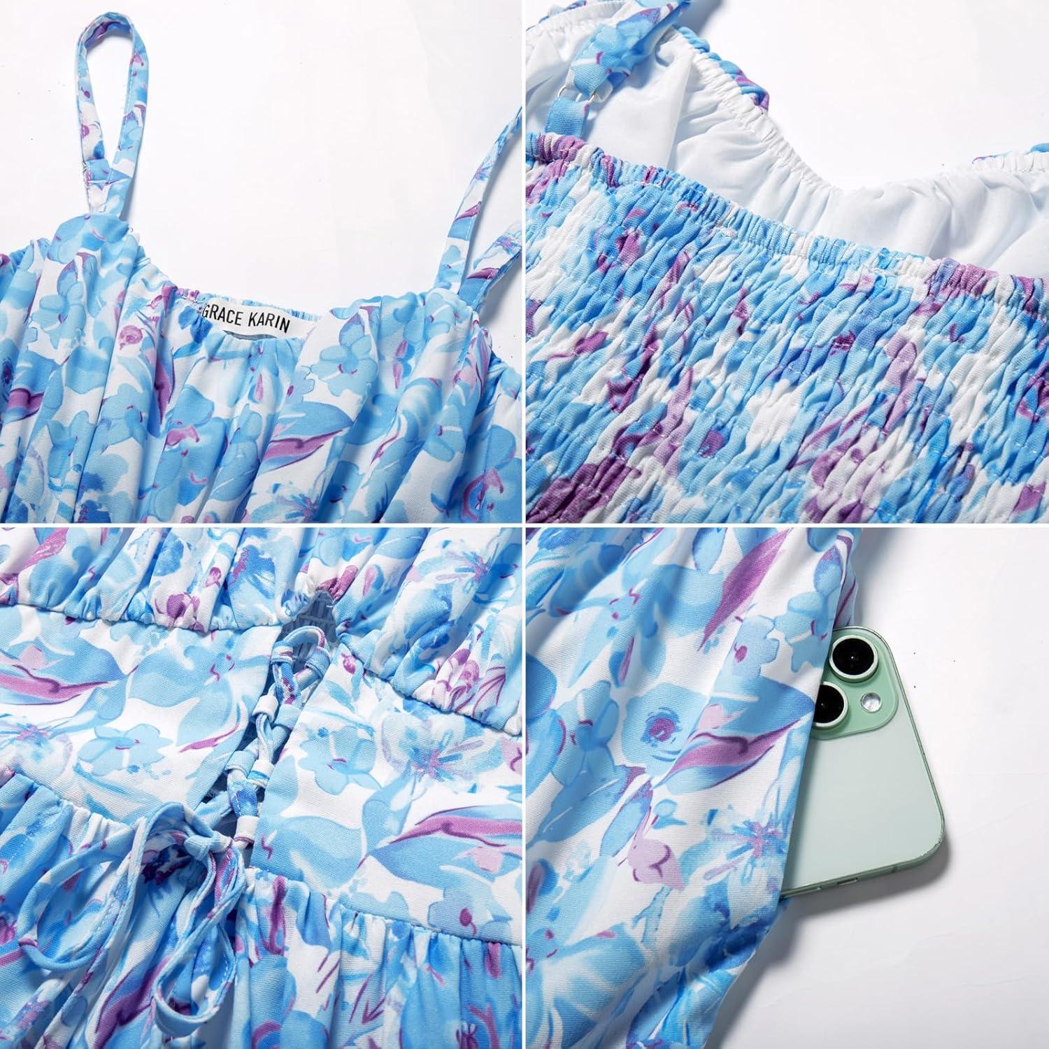 imageGRACE KARIN Womens Summer Floral Dress 2026 Boho Spaghetti Strap Smocked Tiered Casual Maxi Long Sundress with PocketsBlue Floral