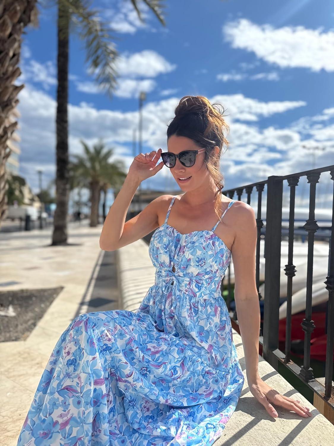 imageGRACE KARIN Womens Summer Floral Dress 2026 Boho Spaghetti Strap Smocked Tiered Casual Maxi Long Sundress with PocketsBlue Floral