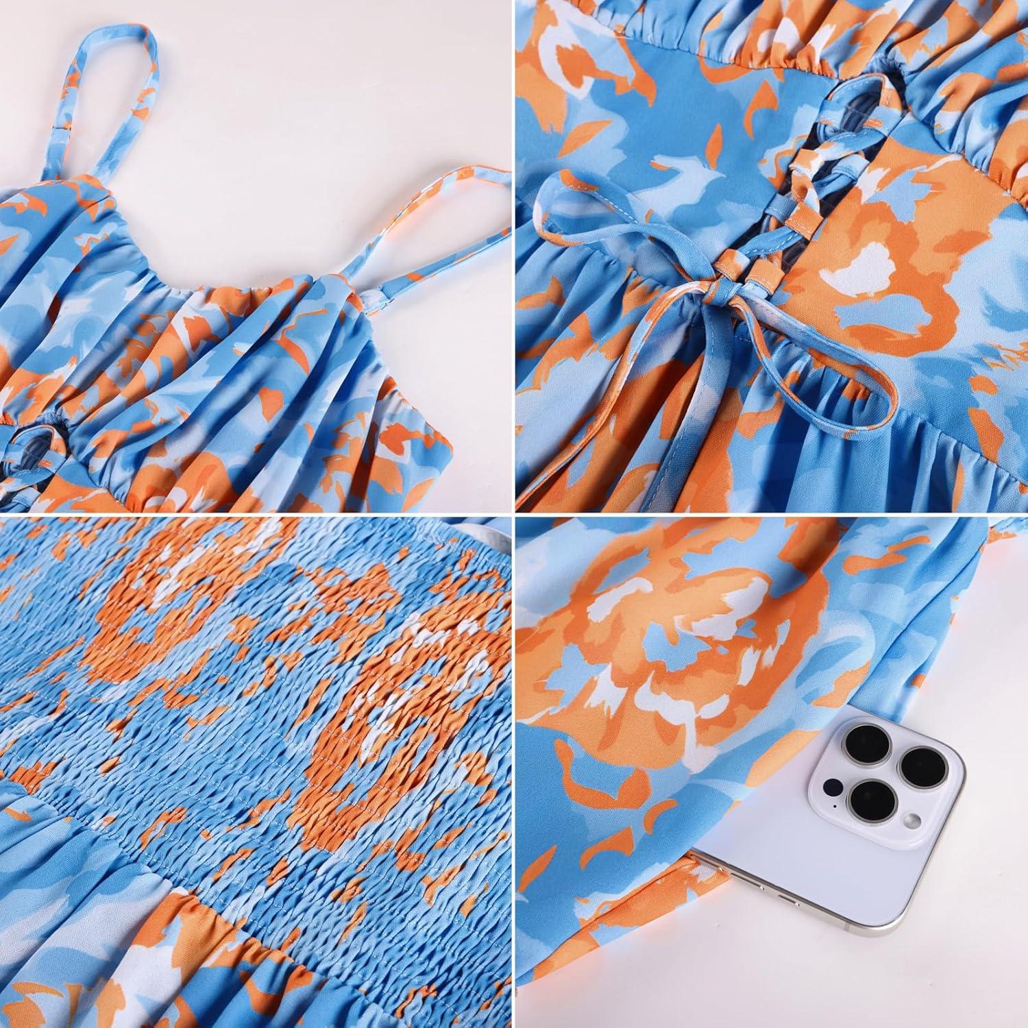 imageGRACE KARIN Womens Summer Floral Dress 2026 Boho Spaghetti Strap Smocked Tiered Casual Maxi Long Sundress with PocketsBlue Orange Floral