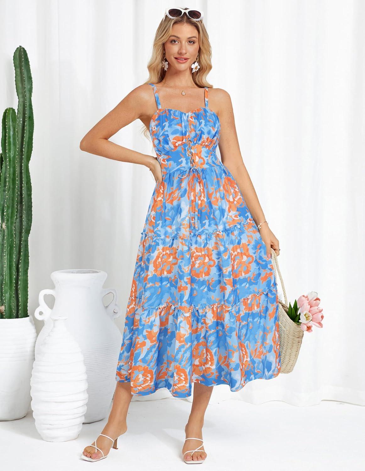 imageGRACE KARIN Womens Summer Floral Dress 2026 Boho Spaghetti Strap Smocked Tiered Casual Maxi Long Sundress with PocketsBlue Orange Floral