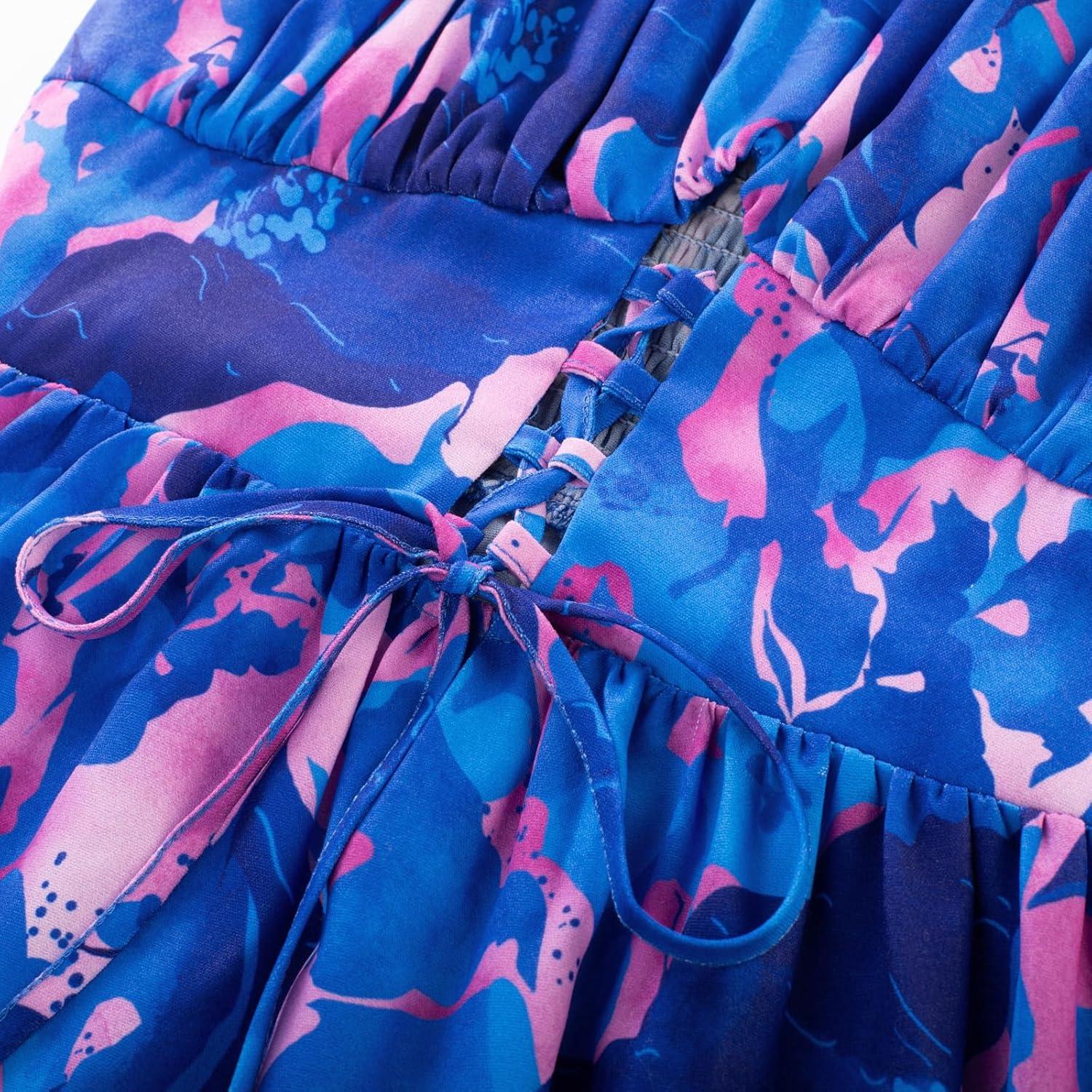 imageGRACE KARIN Womens Summer Floral Dress 2026 Boho Spaghetti Strap Smocked Tiered Casual Maxi Long Sundress with PocketsBlue Pink Floral