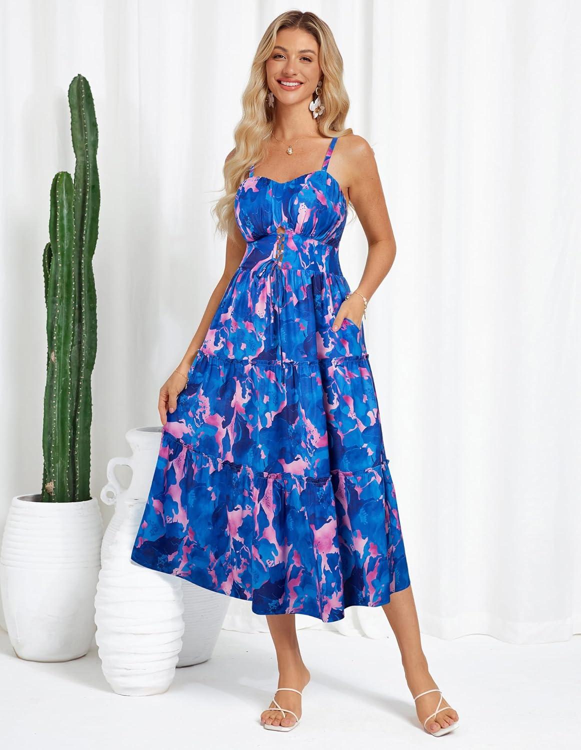 imageGRACE KARIN Womens Summer Floral Dress 2026 Boho Spaghetti Strap Smocked Tiered Casual Maxi Long Sundress with PocketsBlue Pink Floral