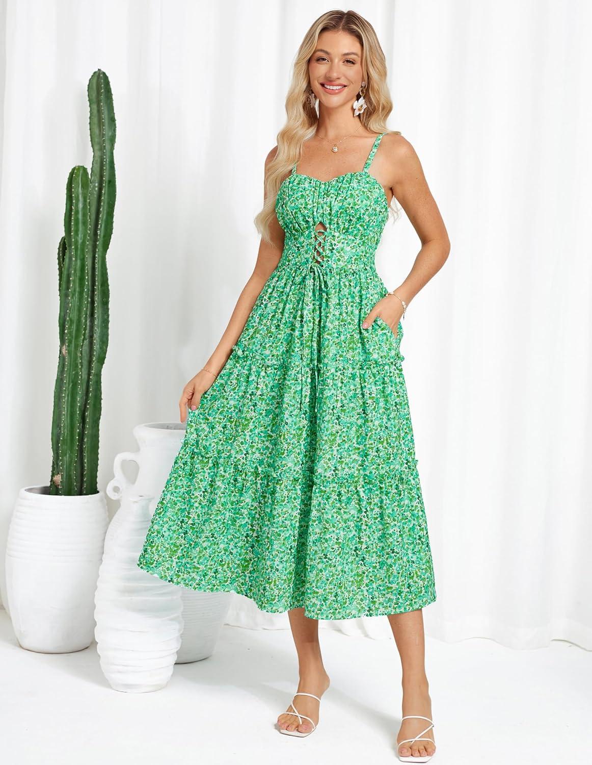 imageGRACE KARIN Womens Summer Floral Dress 2026 Boho Spaghetti Strap Smocked Tiered Casual Maxi Long Sundress with PocketsGreen Blue Floral