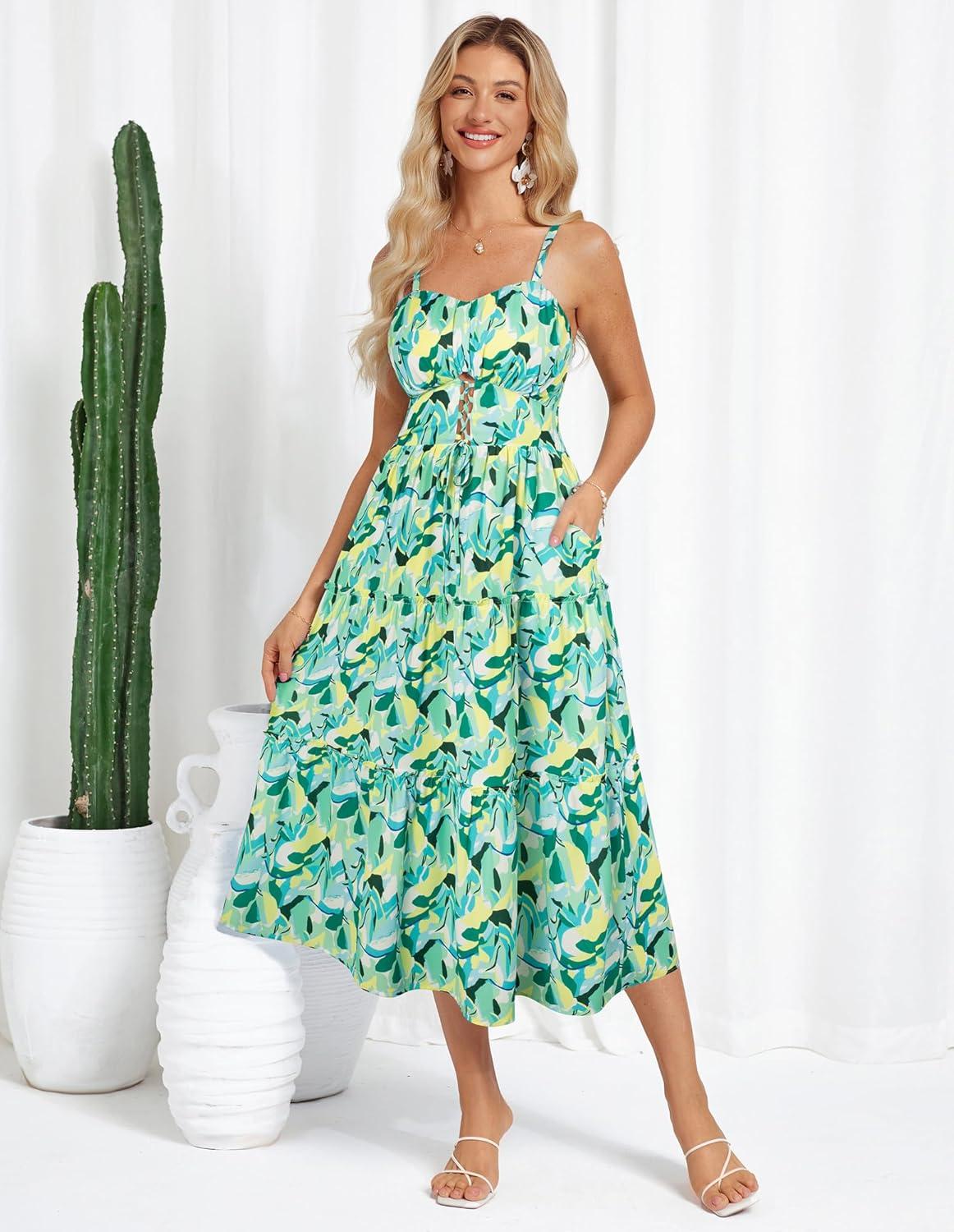 imageGRACE KARIN Womens Summer Floral Dress 2026 Boho Spaghetti Strap Smocked Tiered Casual Maxi Long Sundress with PocketsGreen Yellow Floral