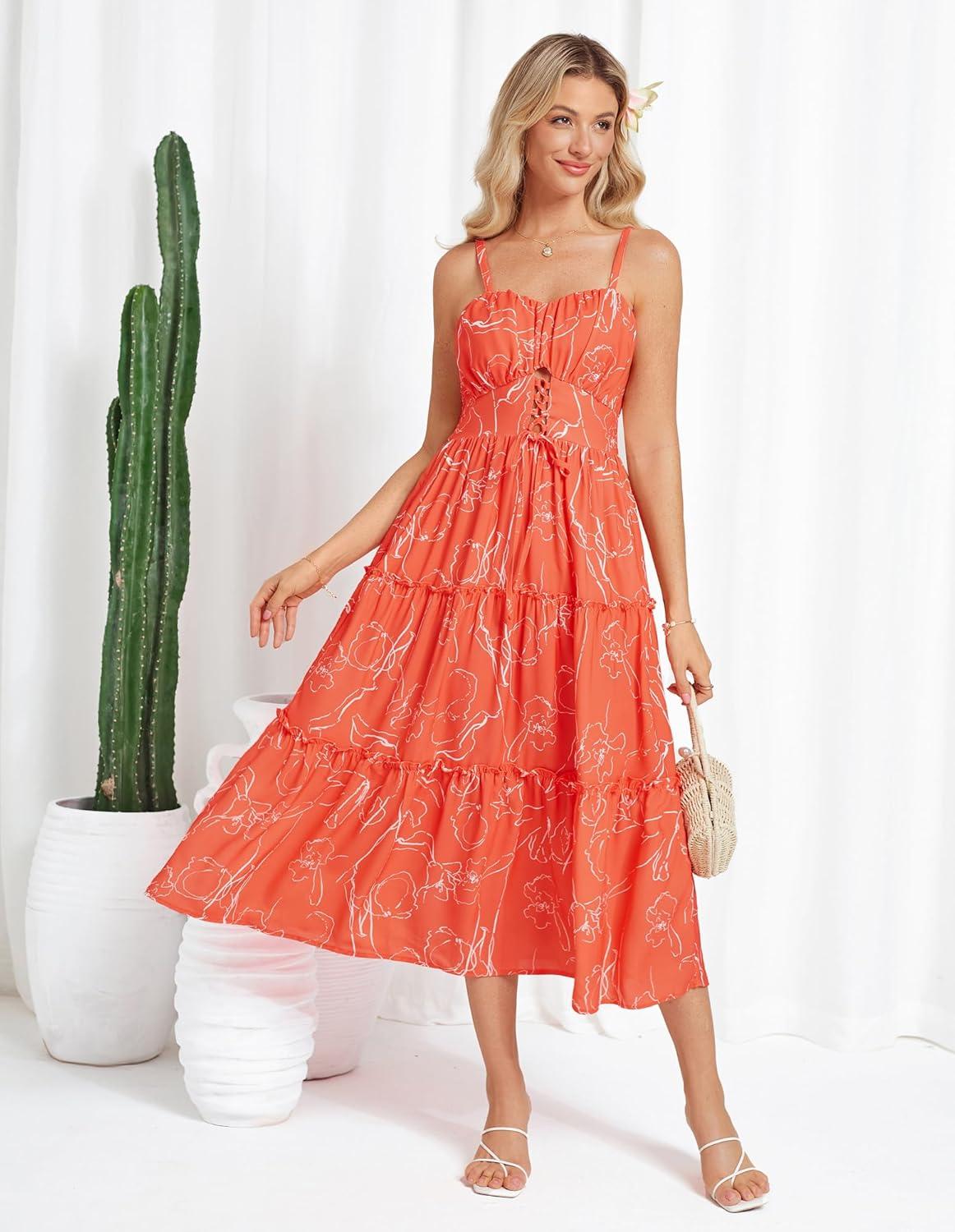 imageGRACE KARIN Womens Summer Floral Dress 2026 Boho Spaghetti Strap Smocked Tiered Casual Maxi Long Sundress with PocketsOrange Floral