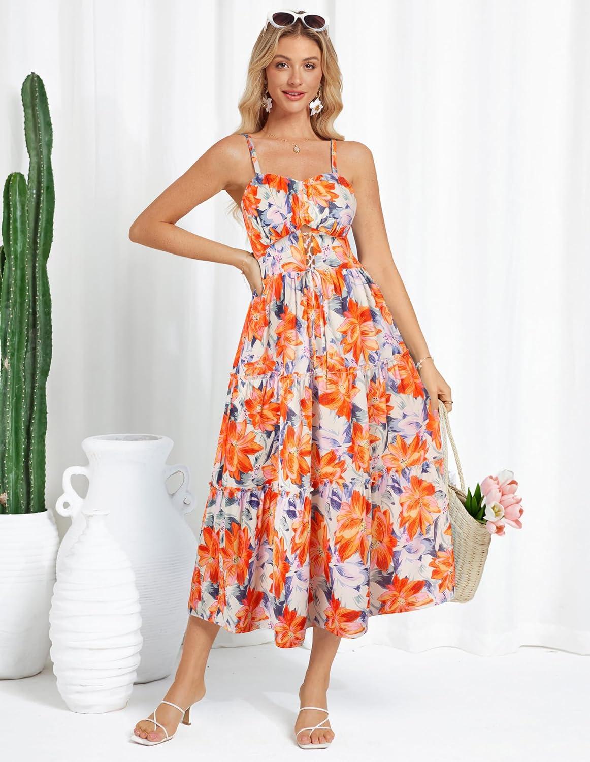 imageGRACE KARIN Womens Summer Floral Dress 2026 Boho Spaghetti Strap Smocked Tiered Casual Maxi Long Sundress with PocketsOrange Yellow Floral