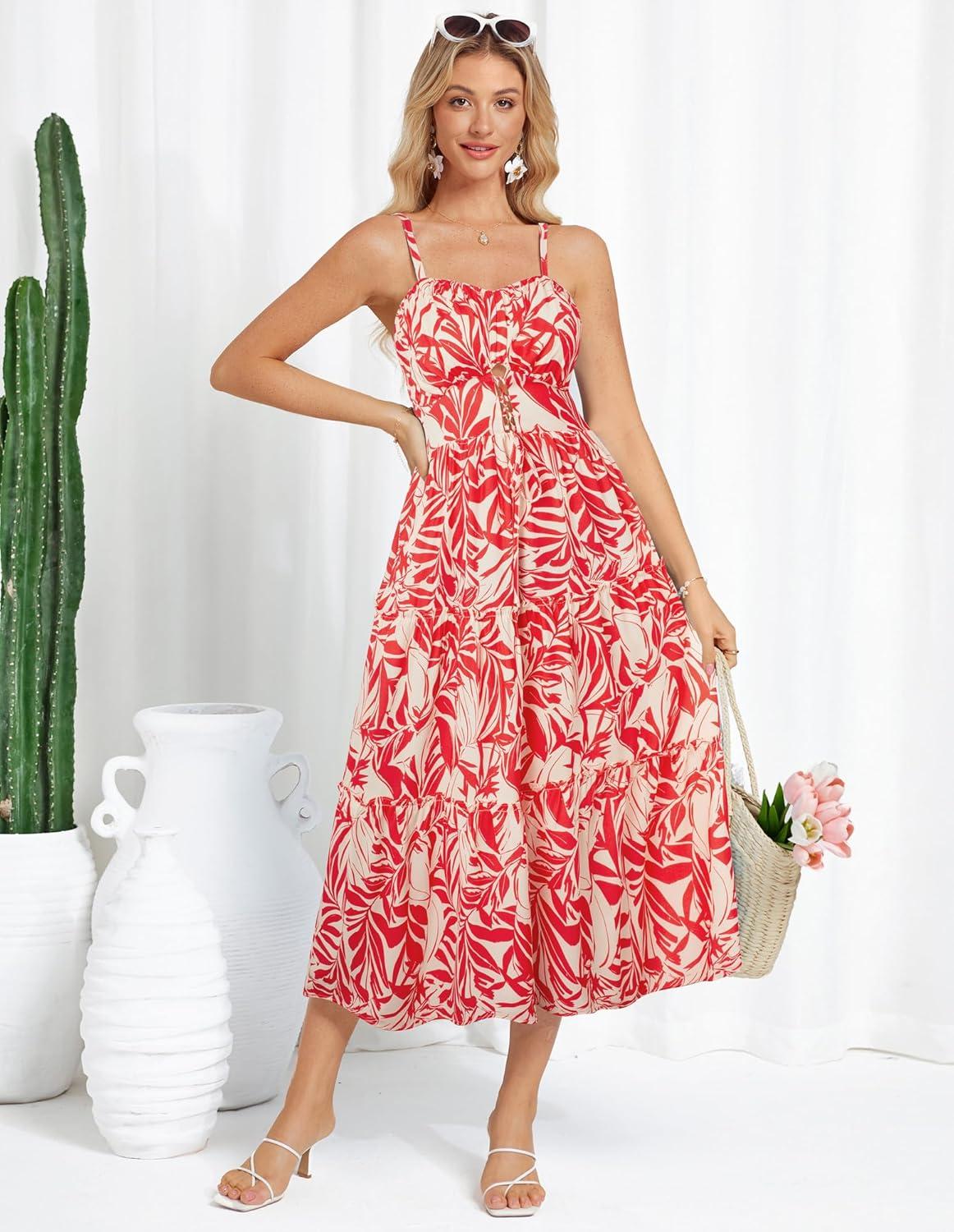 imageGRACE KARIN Womens Summer Floral Dress 2026 Boho Spaghetti Strap Smocked Tiered Casual Maxi Long Sundress with PocketsRed Leaves