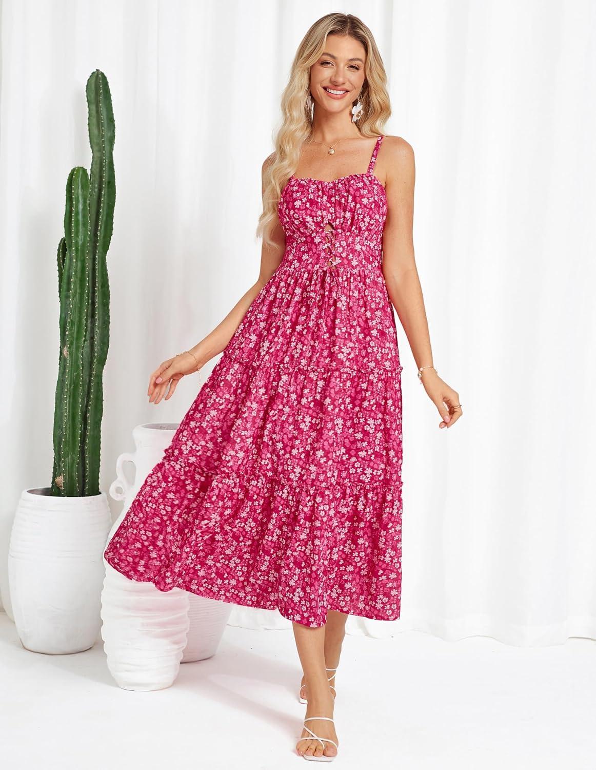 imageGRACE KARIN Womens Summer Floral Dress 2026 Boho Spaghetti Strap Smocked Tiered Casual Maxi Long Sundress with PocketsRose Red Floral