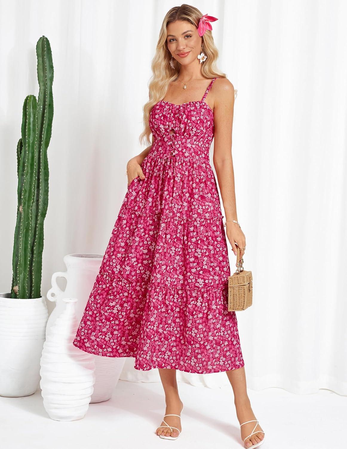 imageGRACE KARIN Womens Summer Floral Dress 2026 Boho Spaghetti Strap Smocked Tiered Casual Maxi Long Sundress with PocketsRose Red Floral