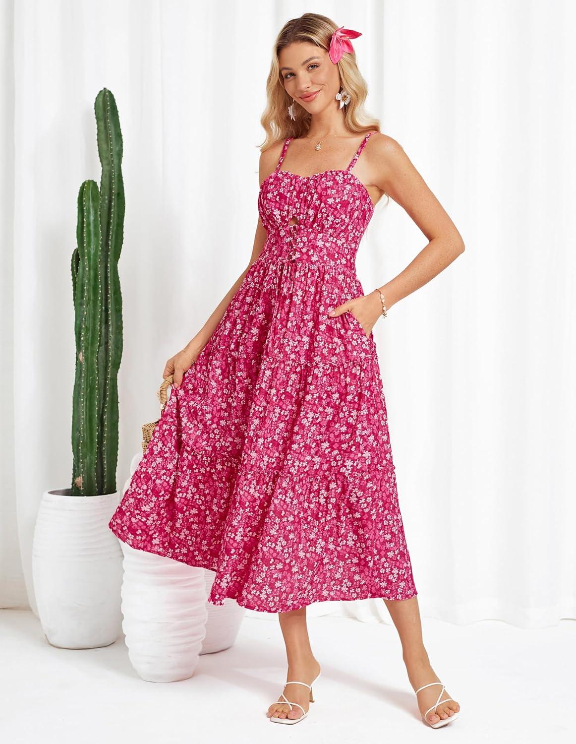 imageGRACE KARIN Womens Summer Floral Dress 2026 Boho Spaghetti Strap Smocked Tiered Casual Maxi Long Sundress with PocketsRose Red Floral