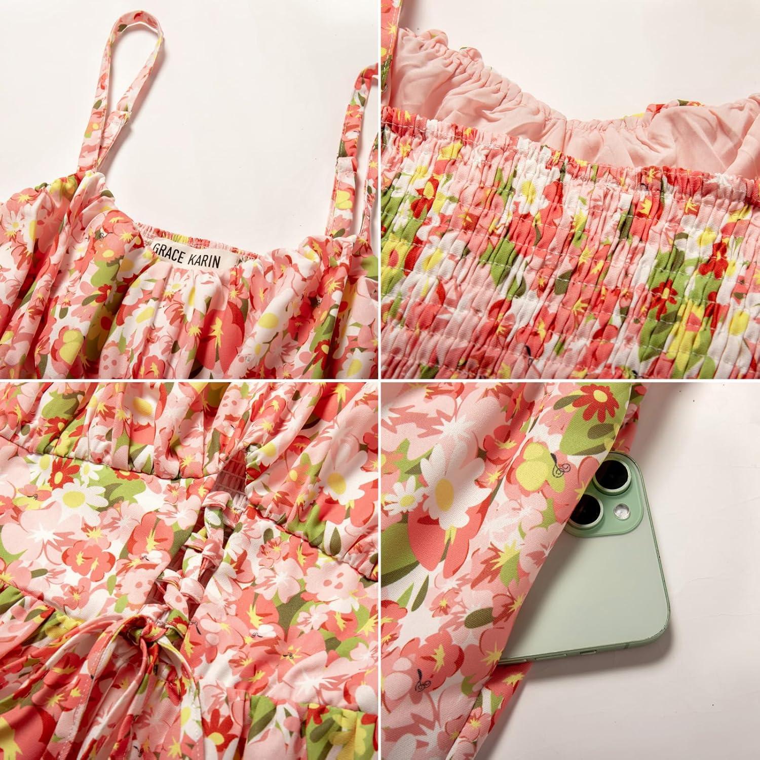 imageGRACE KARIN Womens Summer Floral Dress 2026 Boho Spaghetti Strap Smocked Tiered Casual Maxi Long Sundress with PocketsYellow White Floral