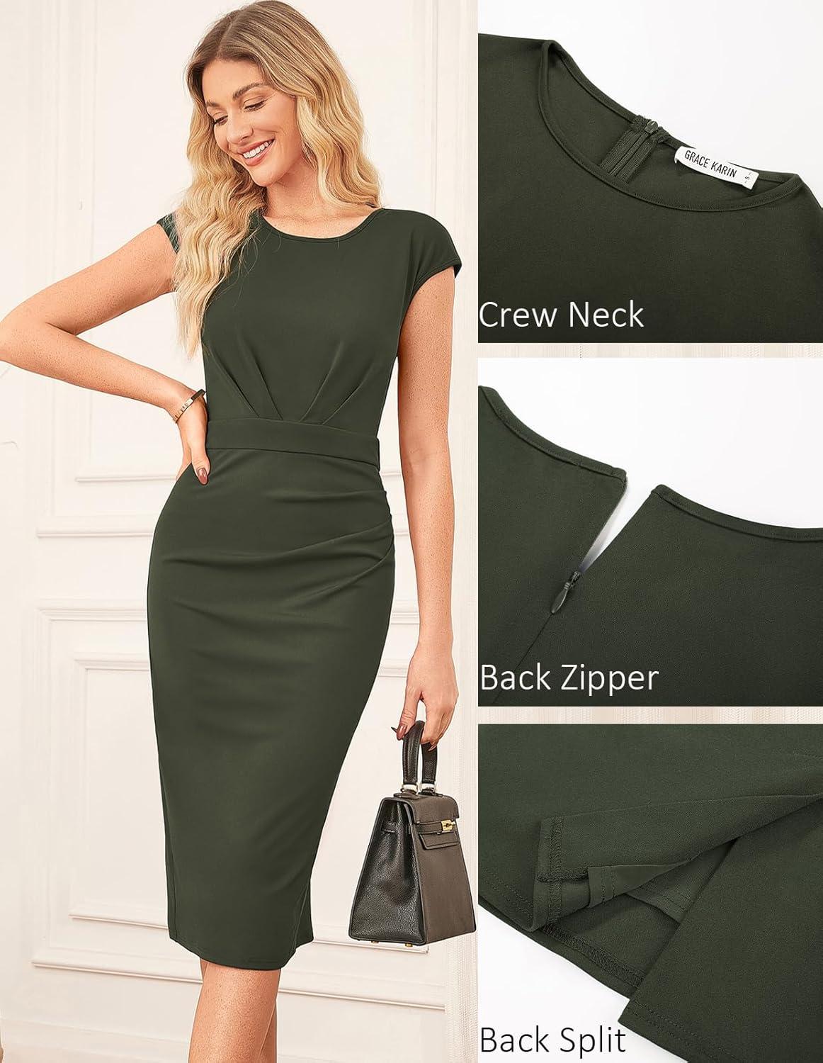 imageGRACE KARIN Womens Wear to Work Dresses 2026 Cap Sleeve Sheath Bodycon Midi Dress Ruched Business Office Pencil DressArmy Green