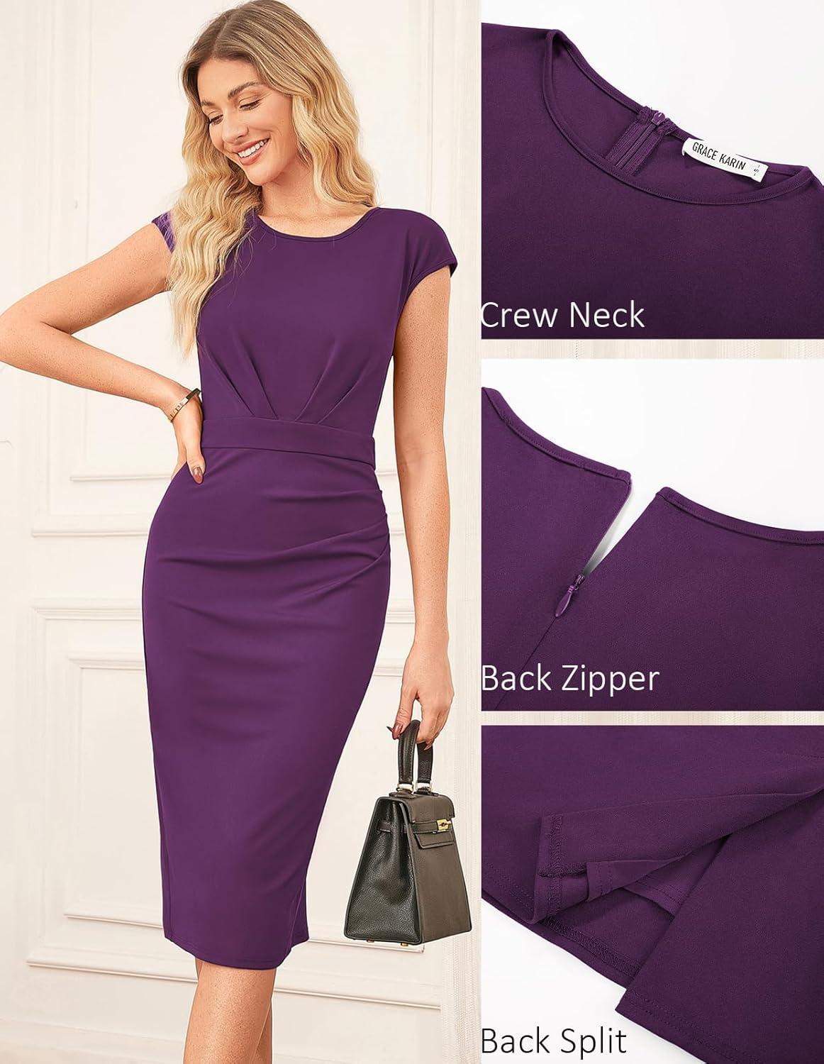 imageGRACE KARIN Womens Wear to Work Dresses 2026 Cap Sleeve Sheath Bodycon Midi Dress Ruched Business Office Pencil DressDark Purple