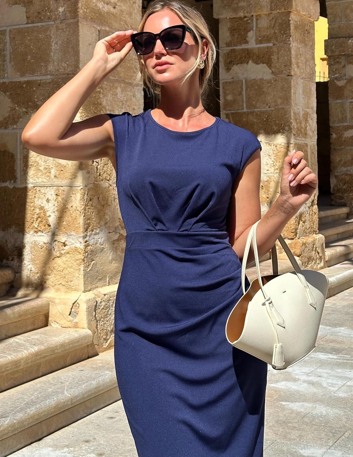 imageGRACE KARIN Womens Wear to Work Dresses 2026 Cap Sleeve Sheath Bodycon Midi Dress Ruched Business Office Pencil DressNavy Blue