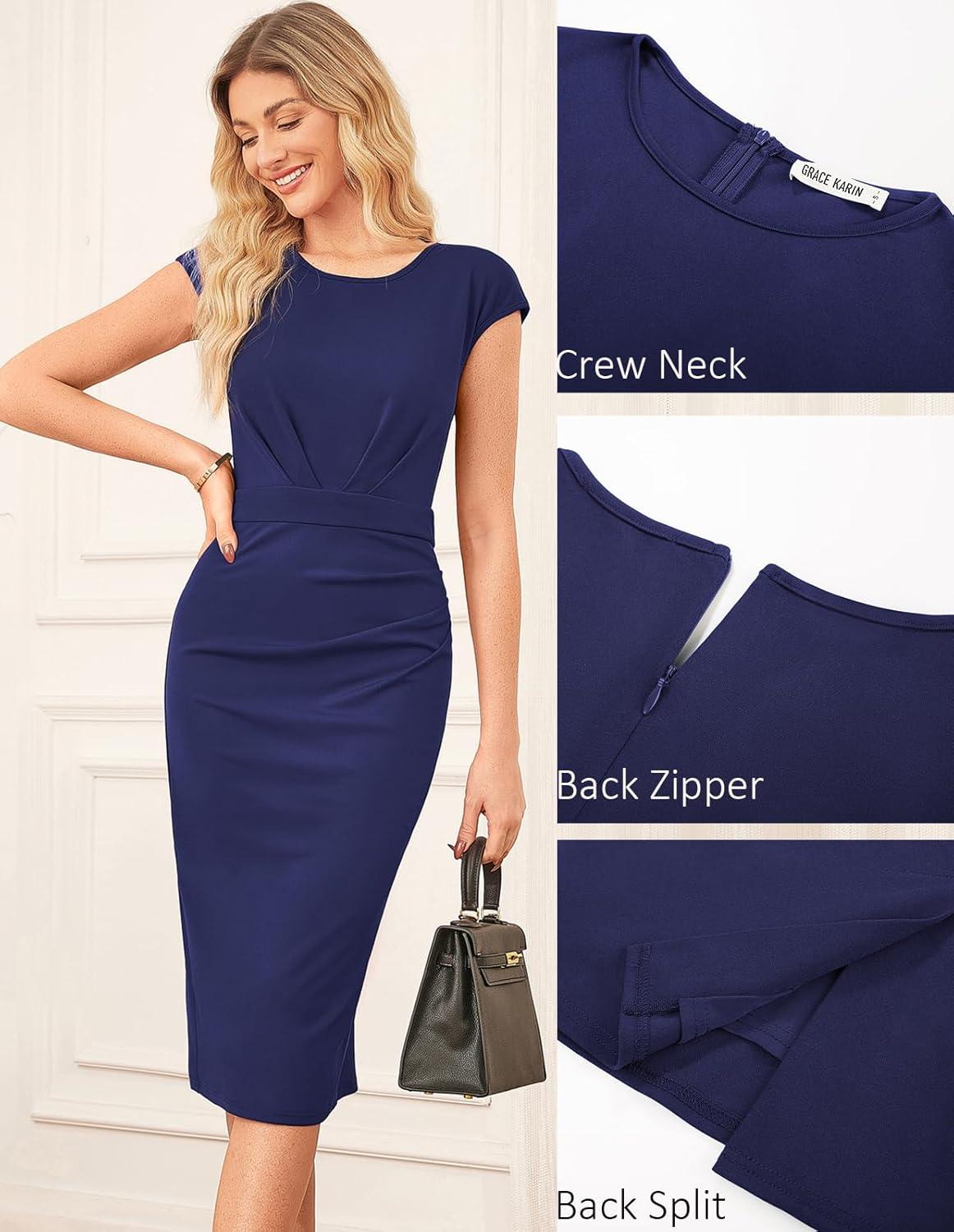 imageGRACE KARIN Womens Wear to Work Dresses 2026 Cap Sleeve Sheath Bodycon Midi Dress Ruched Business Office Pencil DressNavy Blue
