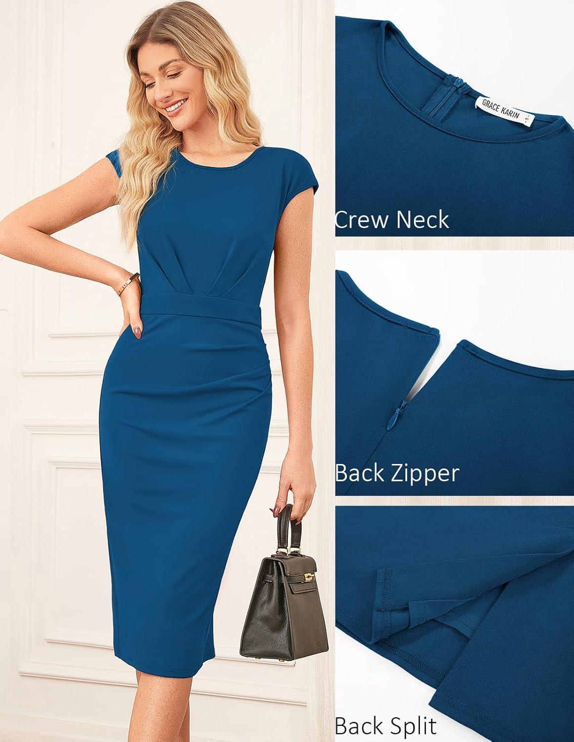 imageGRACE KARIN Womens Wear to Work Dresses 2026 Cap Sleeve Sheath Bodycon Midi Dress Ruched Business Office Pencil DressPeacock Blue