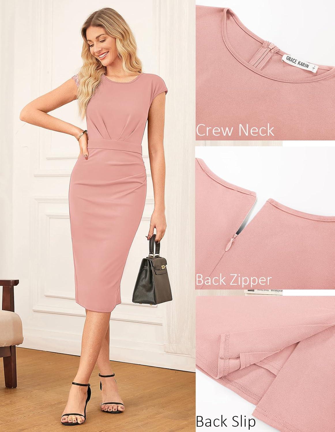 imageGRACE KARIN Womens Wear to Work Dresses 2026 Cap Sleeve Sheath Bodycon Midi Dress Ruched Business Office Pencil DressPink