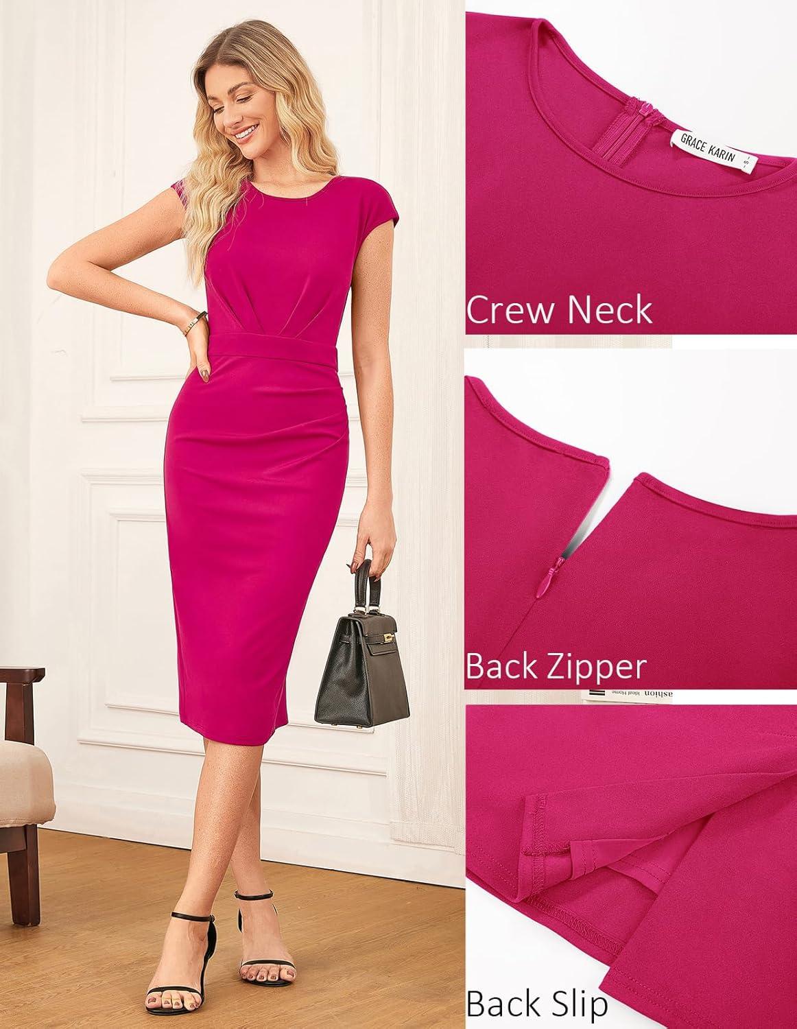 imageGRACE KARIN Womens Wear to Work Dresses 2026 Cap Sleeve Sheath Bodycon Midi Dress Ruched Business Office Pencil DressRose Red