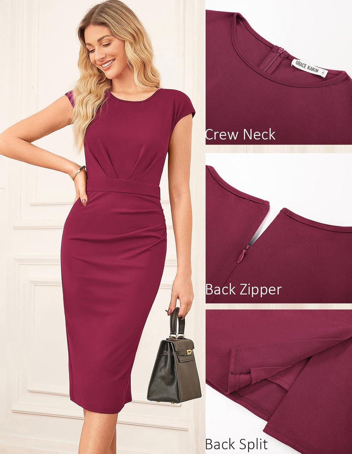 imageGRACE KARIN Womens Wear to Work Dresses 2026 Cap Sleeve Sheath Bodycon Midi Dress Ruched Business Office Pencil DressWine Red