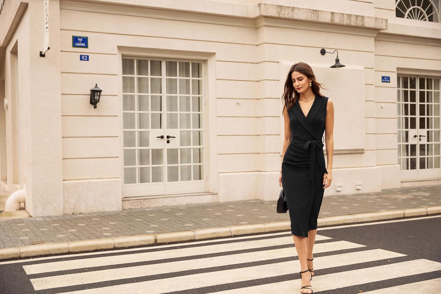 imageGRACE KARIN Womens Wear to Work Sleeveless Ruched Bodycon Office Pencil Midi Dresses with BeltBlack
