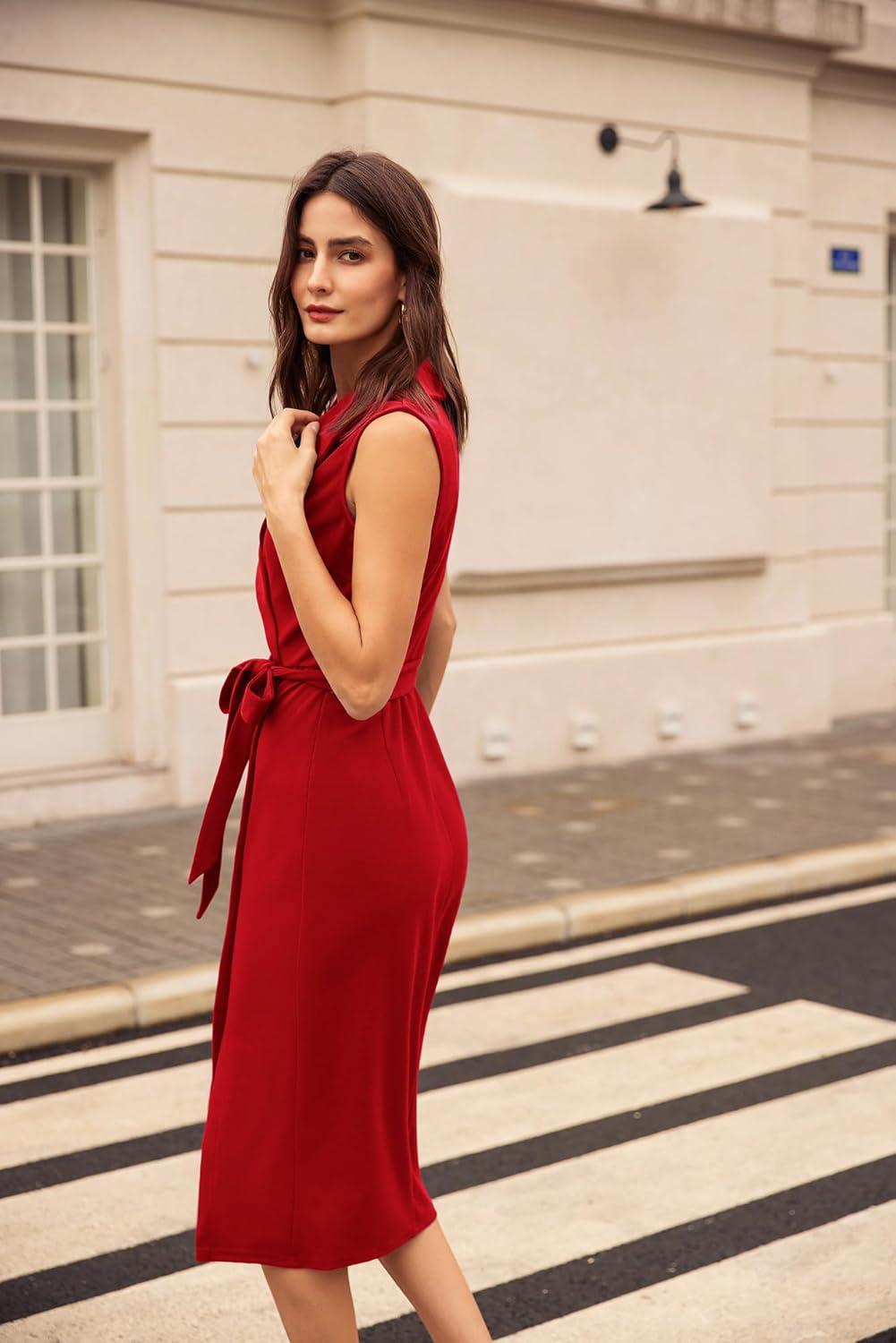imageGRACE KARIN Womens Wear to Work Sleeveless Ruched Bodycon Office Pencil Midi Dresses with BeltDeep Red