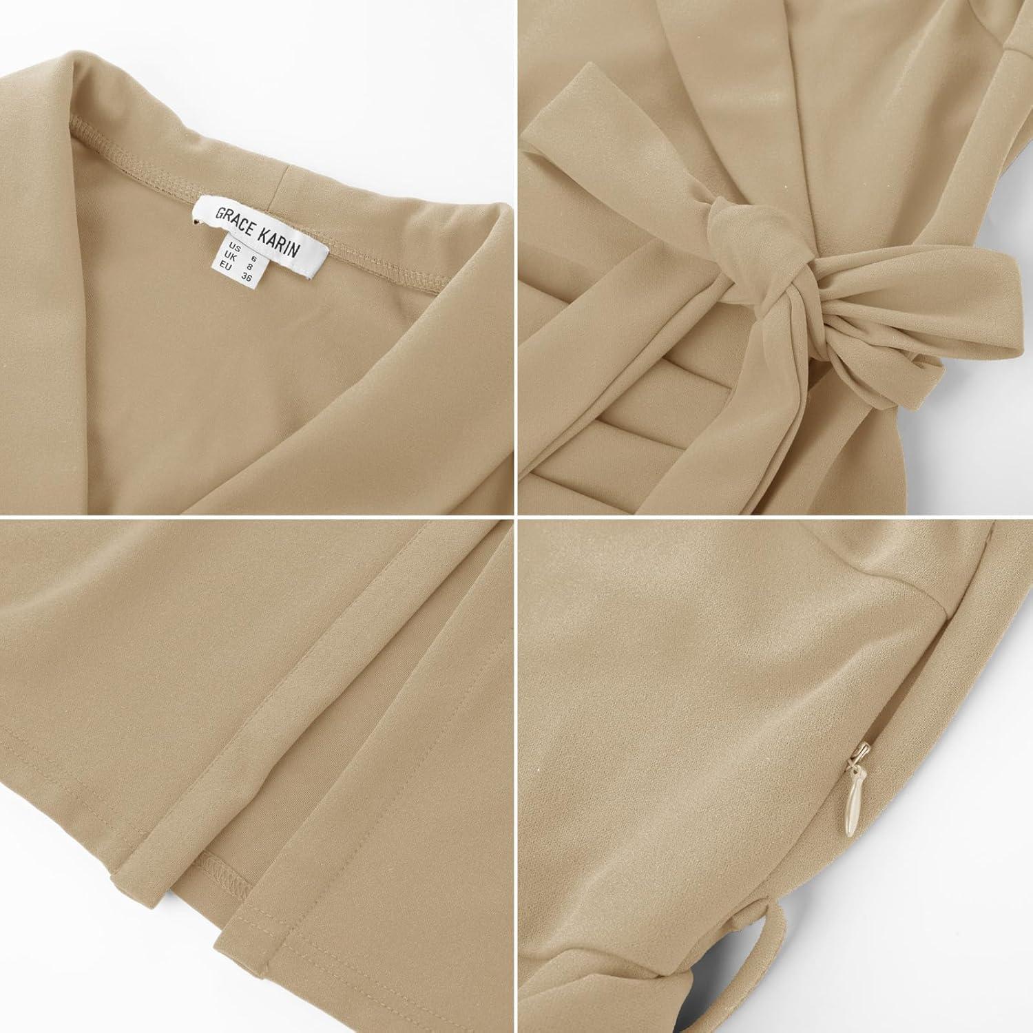 imageGRACE KARIN Womens Wear to Work Sleeveless Ruched Bodycon Office Pencil Midi Dresses with BeltKhaki
