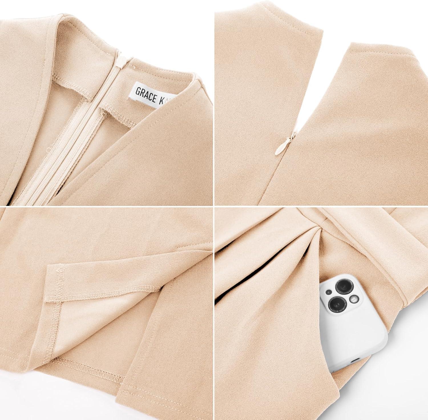 imageGRACE KARIN Womens Work Dresses V Neck 34 Sleeve Back Zipper Tie Waist Bodycon Dress Office Cocktail Dress with PocketsApricot
