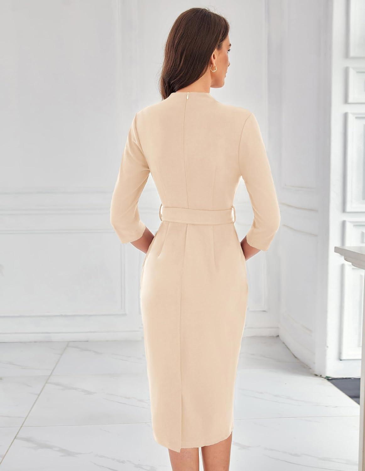 imageGRACE KARIN Womens Work Dresses V Neck 34 Sleeve Back Zipper Tie Waist Bodycon Dress Office Cocktail Dress with PocketsApricot