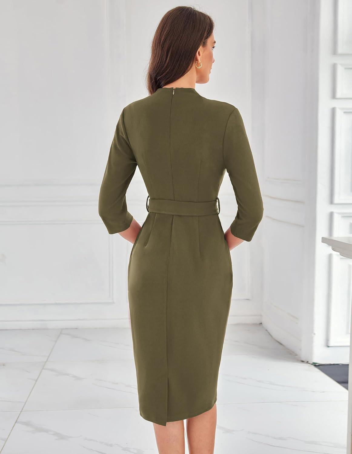 imageGRACE KARIN Womens Work Dresses V Neck 34 Sleeve Back Zipper Tie Waist Bodycon Dress Office Cocktail Dress with PocketsArmy Green