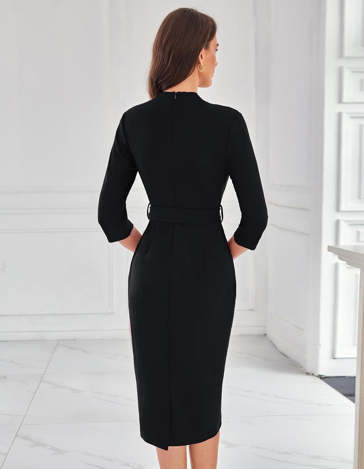 imageGRACE KARIN Womens Work Dresses V Neck 34 Sleeve Back Zipper Tie Waist Bodycon Dress Office Cocktail Dress with PocketsBlack