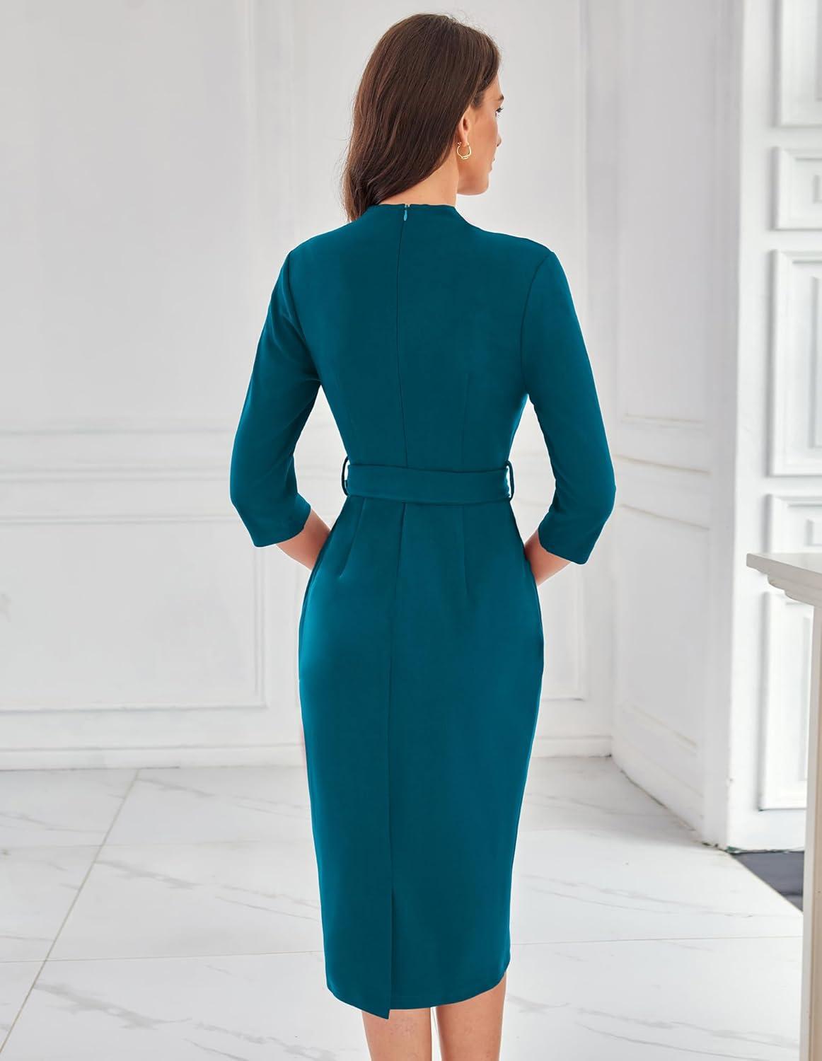 imageGRACE KARIN Womens Work Dresses V Neck 34 Sleeve Back Zipper Tie Waist Bodycon Dress Office Cocktail Dress with PocketsBlue