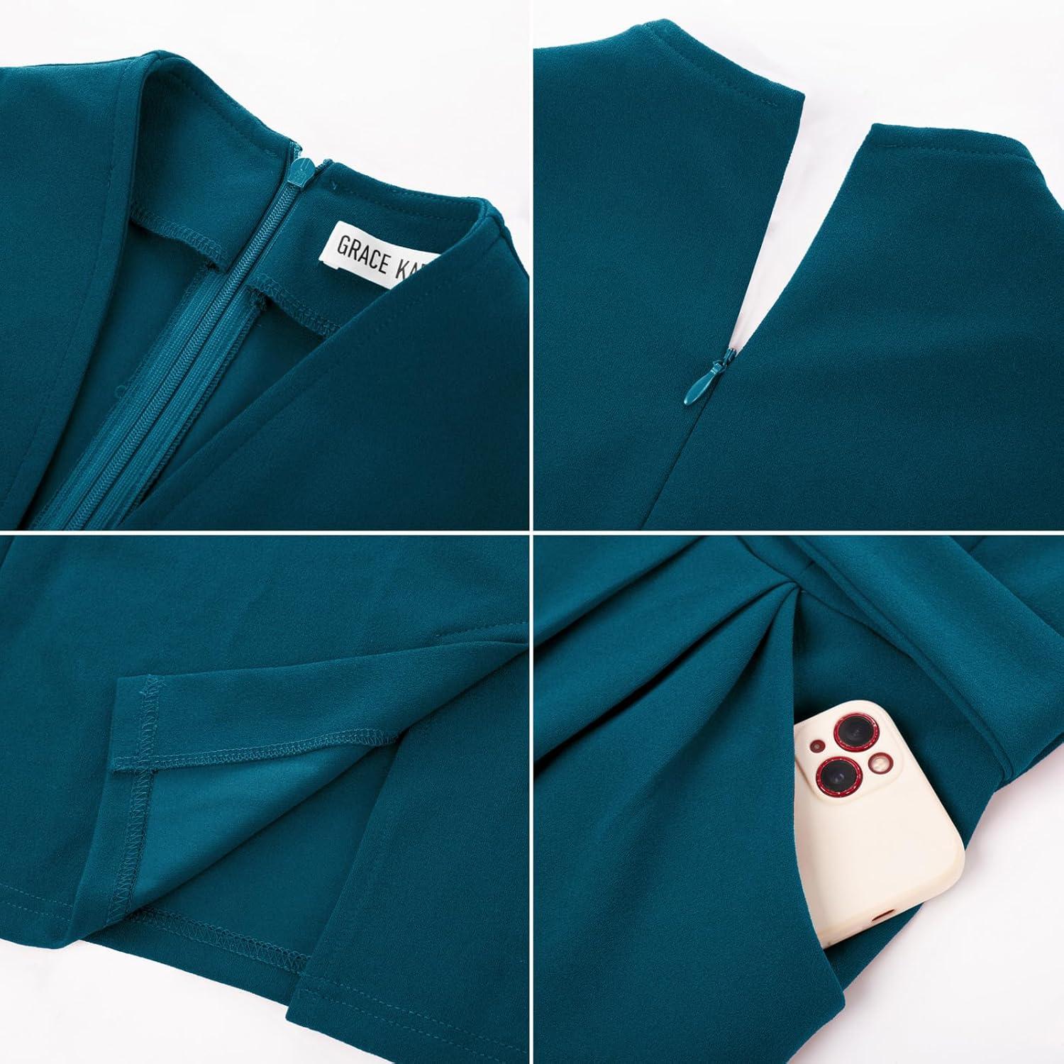 imageGRACE KARIN Womens Work Dresses V Neck 34 Sleeve Back Zipper Tie Waist Bodycon Dress Office Cocktail Dress with PocketsBlue