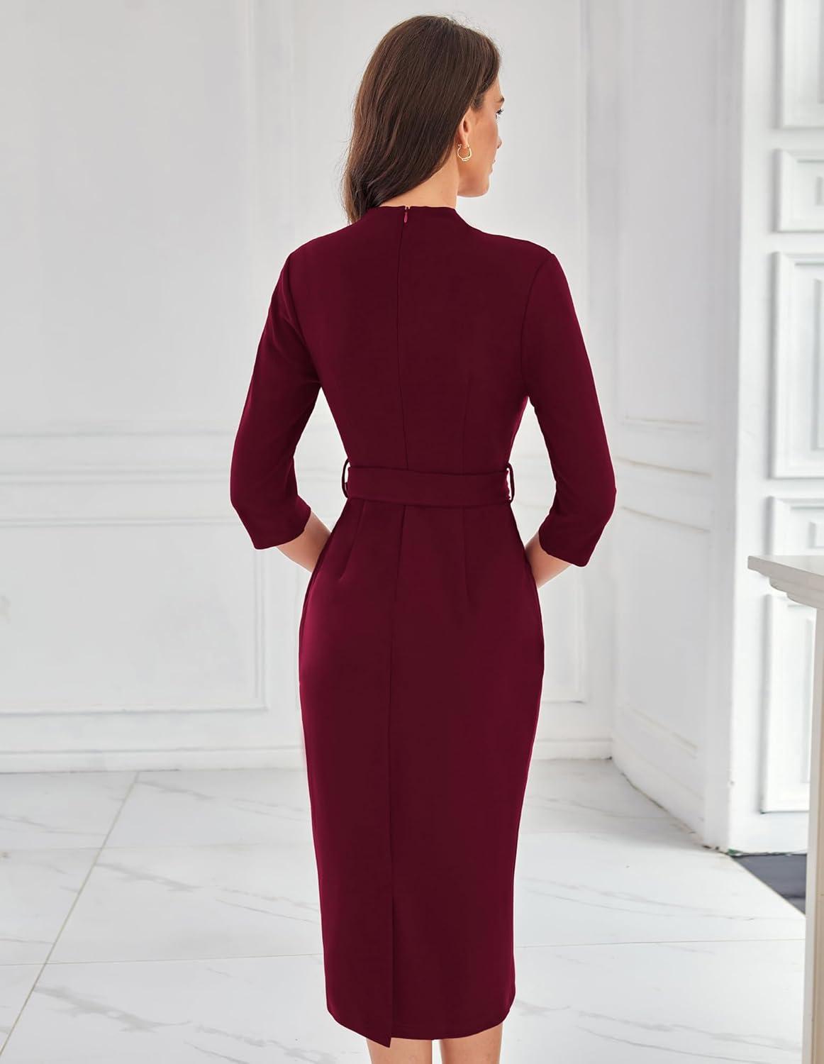 imageGRACE KARIN Womens Work Dresses V Neck 34 Sleeve Back Zipper Tie Waist Bodycon Dress Office Cocktail Dress with PocketsBurgundy