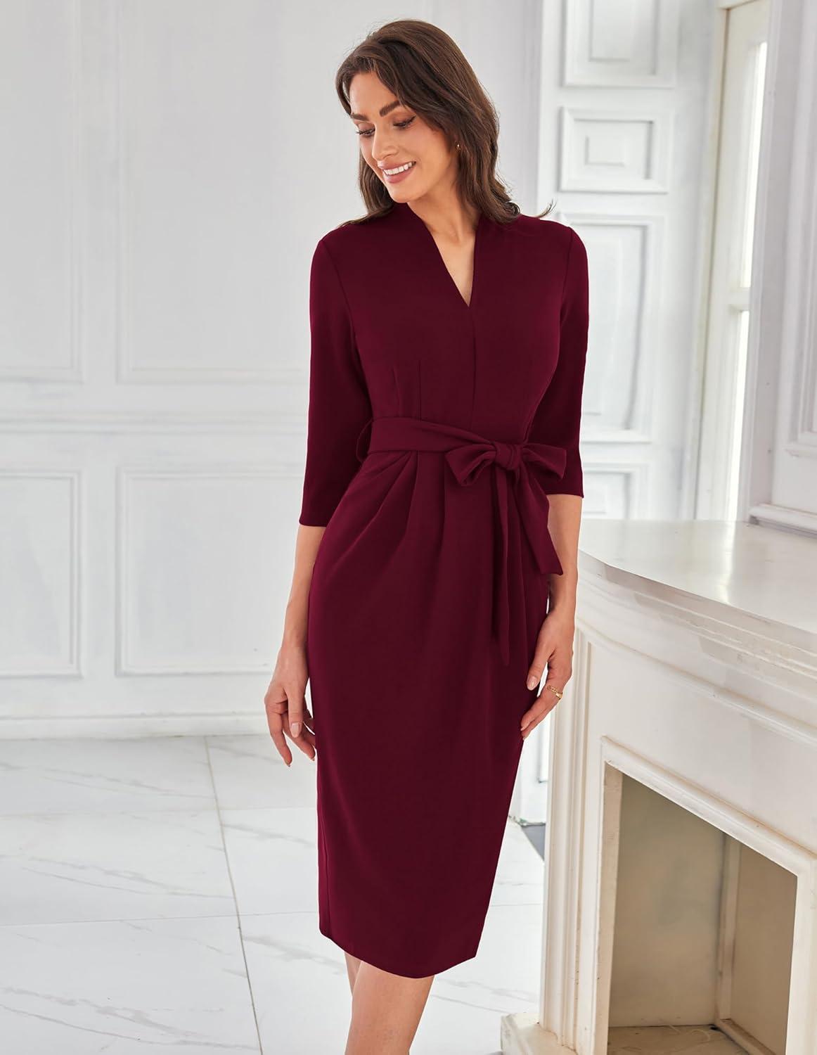 imageGRACE KARIN Womens Work Dresses V Neck 34 Sleeve Back Zipper Tie Waist Bodycon Dress Office Cocktail Dress with PocketsBurgundy