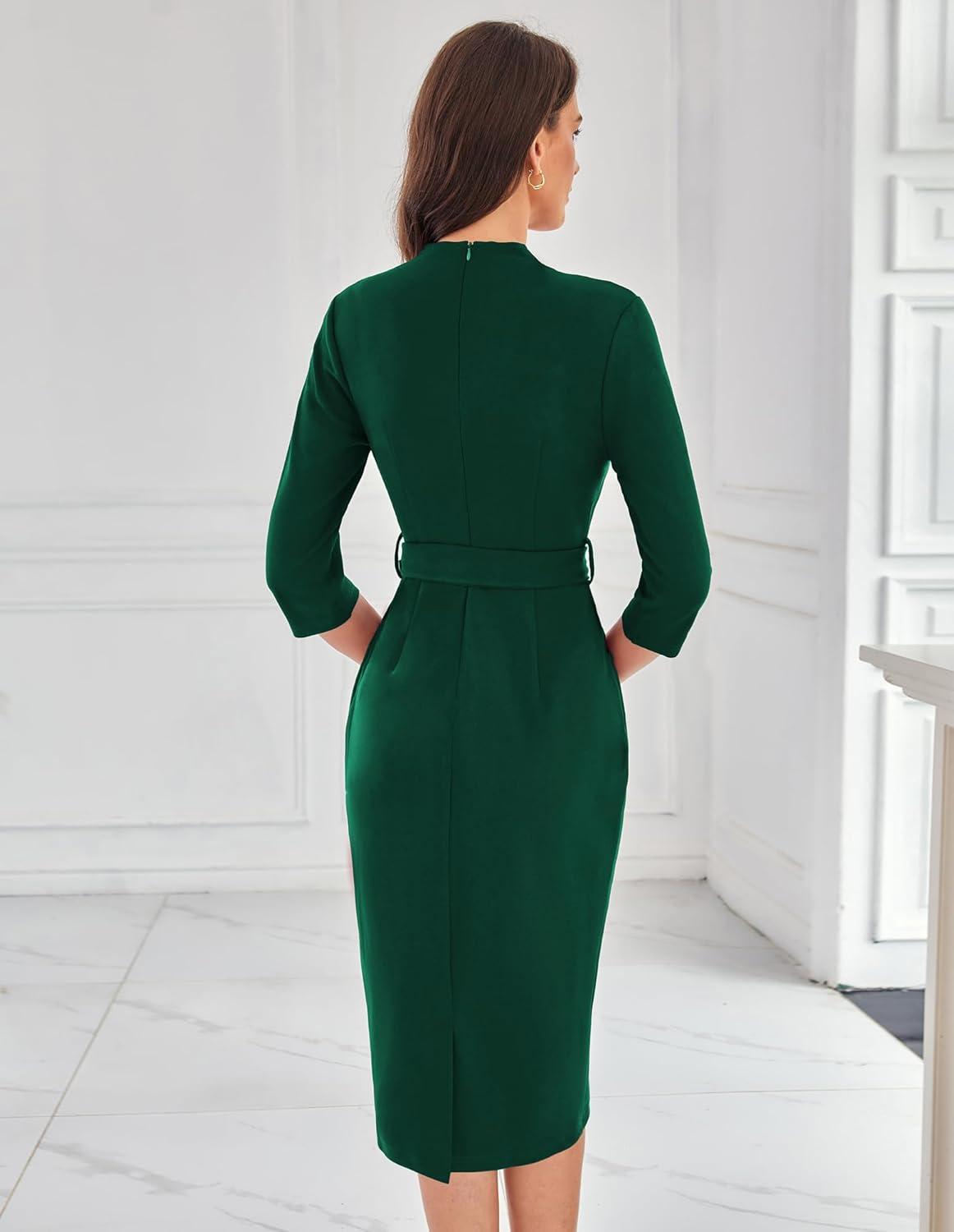 imageGRACE KARIN Womens Work Dresses V Neck 34 Sleeve Back Zipper Tie Waist Bodycon Dress Office Cocktail Dress with PocketsDark Green